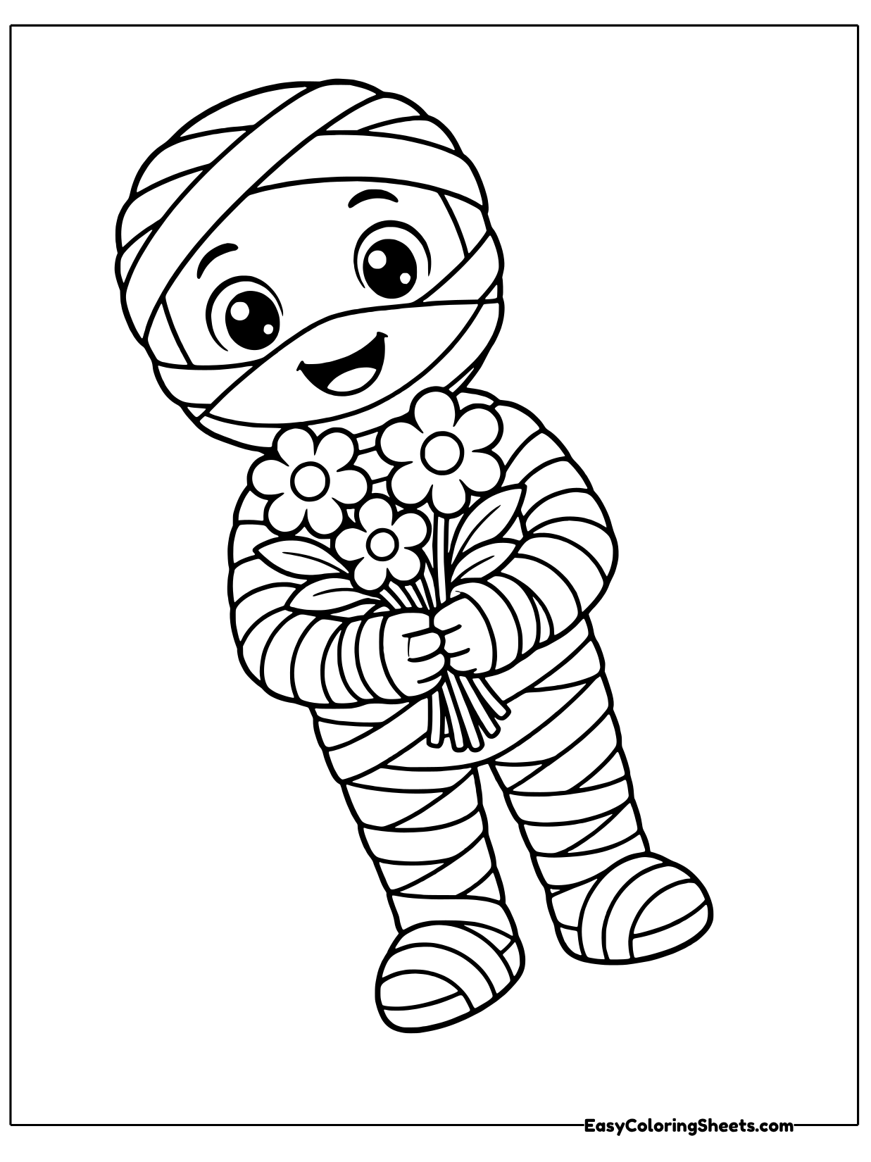 A smiling mummy holds a bunch of flowers close to its chest.