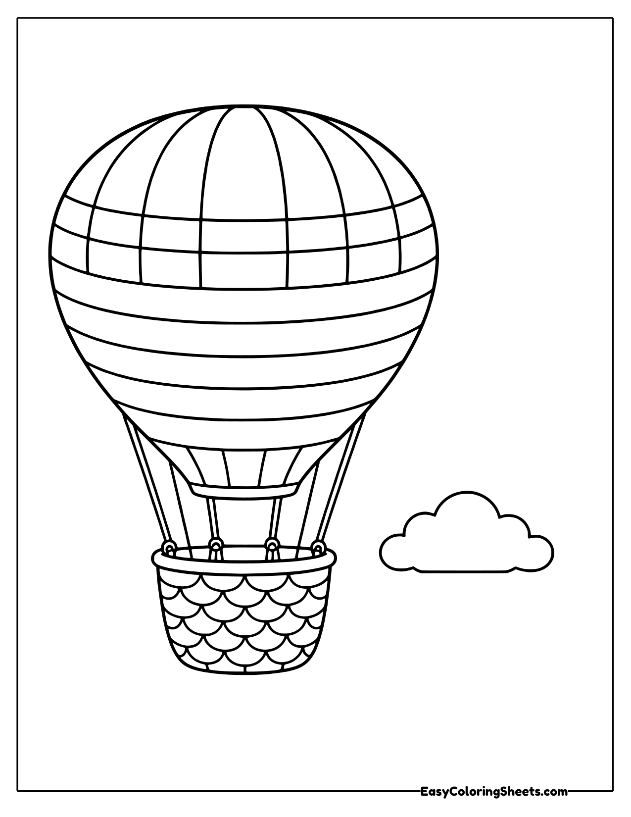 Striped hot air balloon beside a small cloud