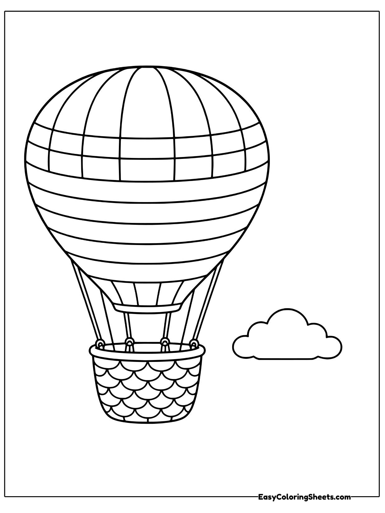 This hot air balloon has horizontal stripes across its envelope and a woven basket, with a small cloud floating nearby.