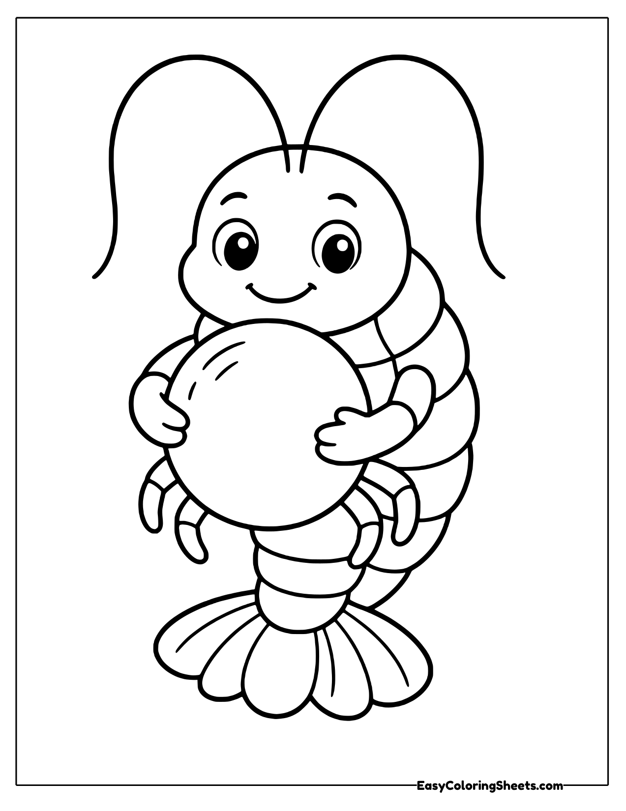 Cheerful cartoon shrimp hugging a big shiny pearl