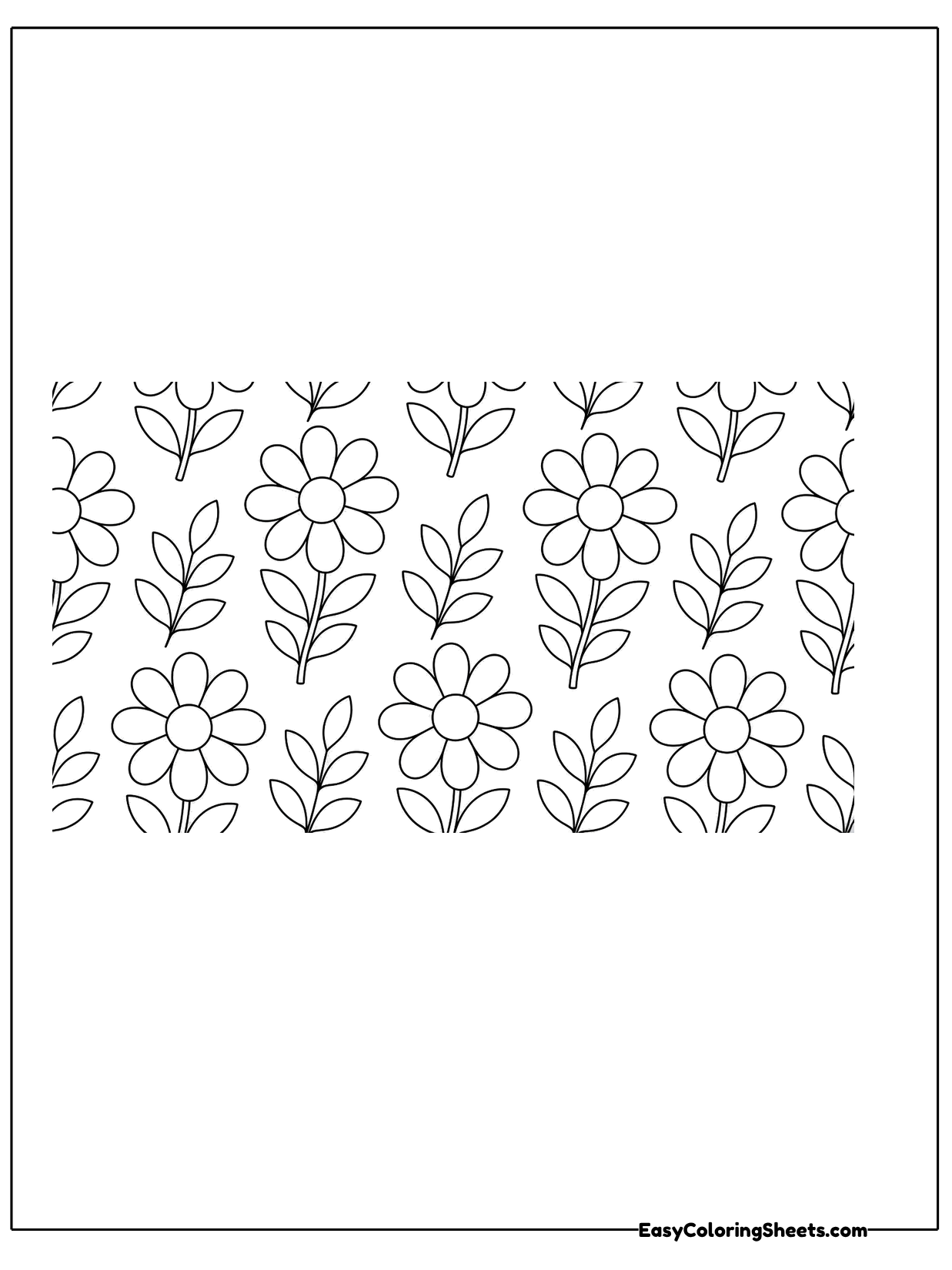 Rows of small daisies and leafy sprigs repeat across a wide band in the middle of the page.