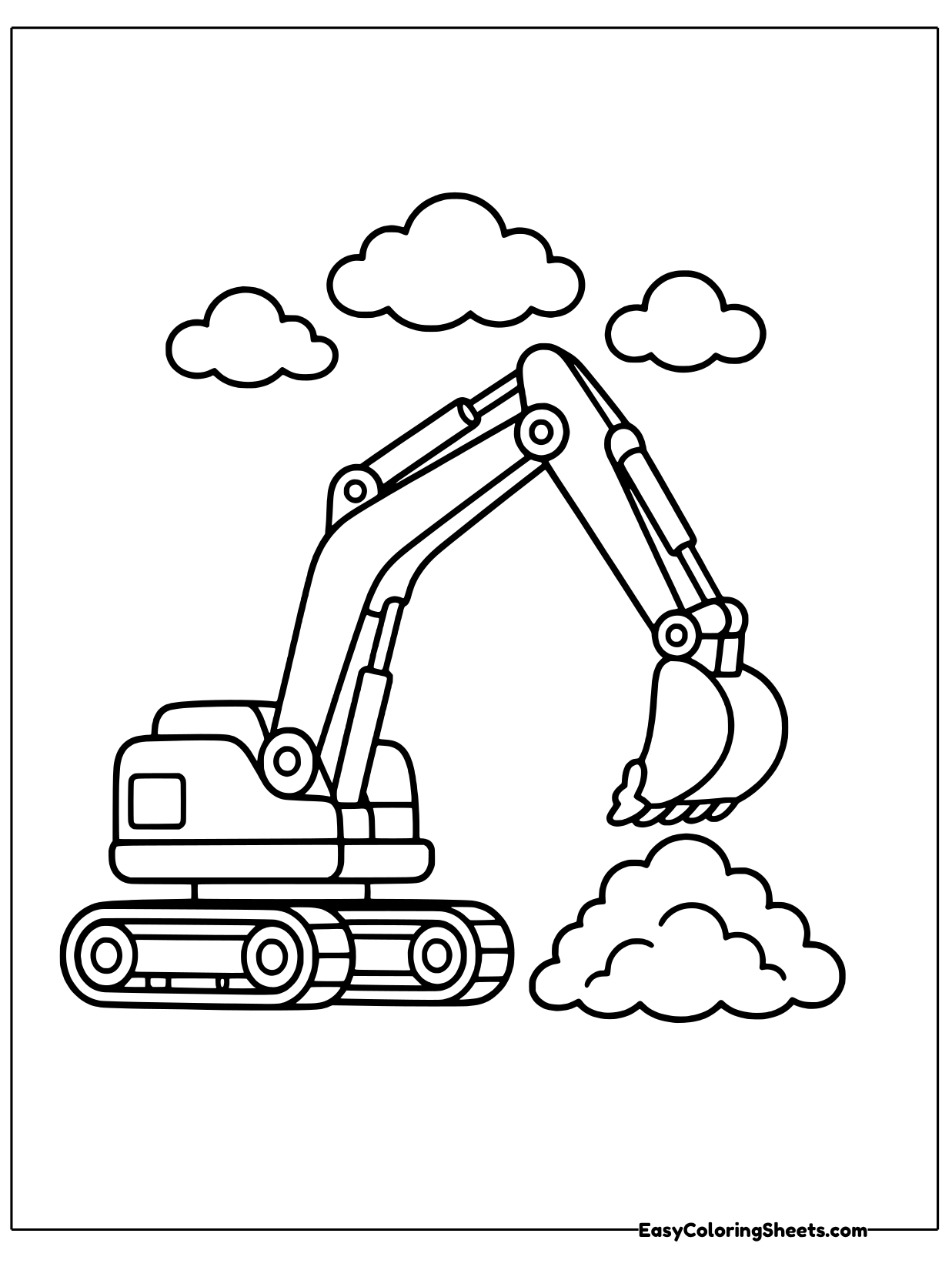 A small excavator reaches its arm out toward a mound of dirt with clouds drifting above.