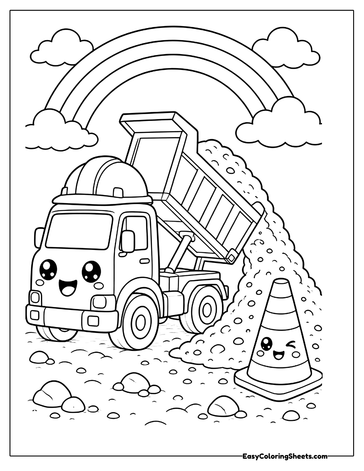 Chibi dump truck with a rainbow and cone