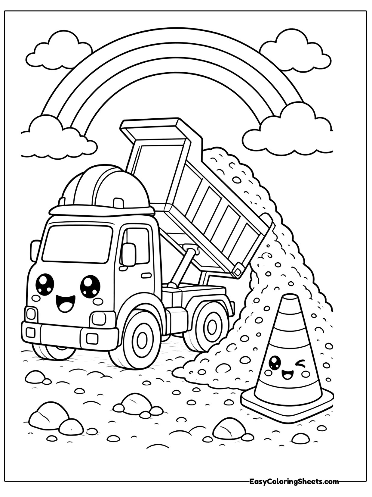 A chibi dump truck wearing a hard hat dumps its load near a traffic cone, with a rainbow arching overhead.