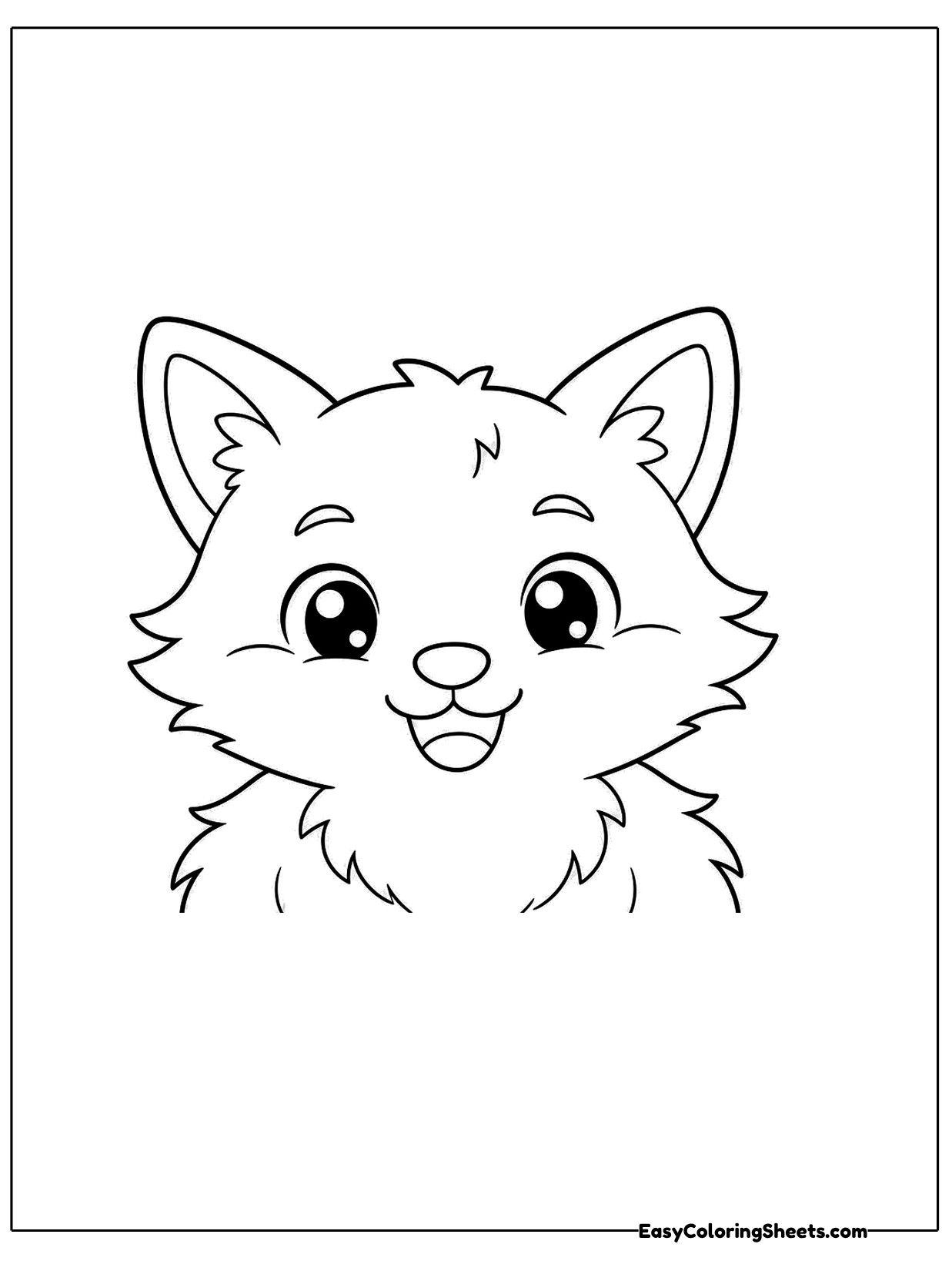 This close up shows a fox face with tall ears, large shiny eyes, a tiny nose and fluffy cheek fur.