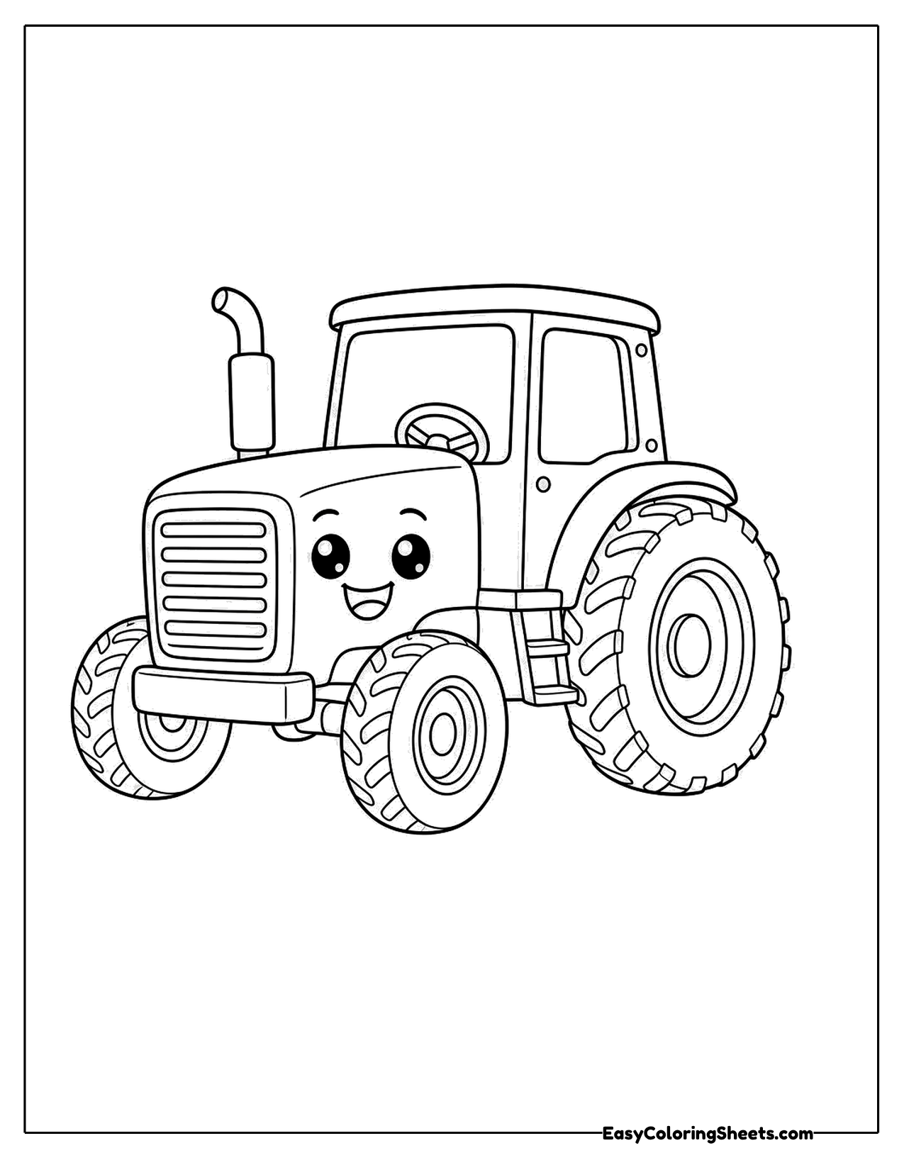 Smiling tractor character with big wheels