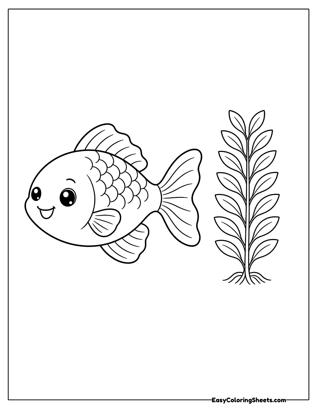 Goldfish swimming beside a tall stem of seaweed