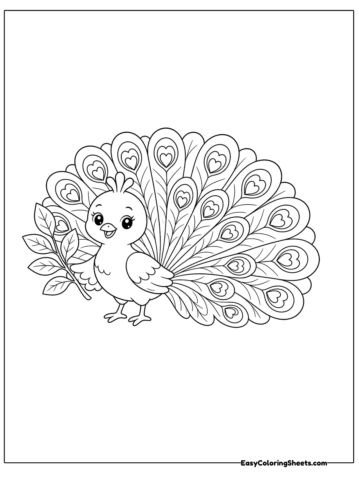 A peacock stands in front of a fanned tail with a leafy branch beside it.