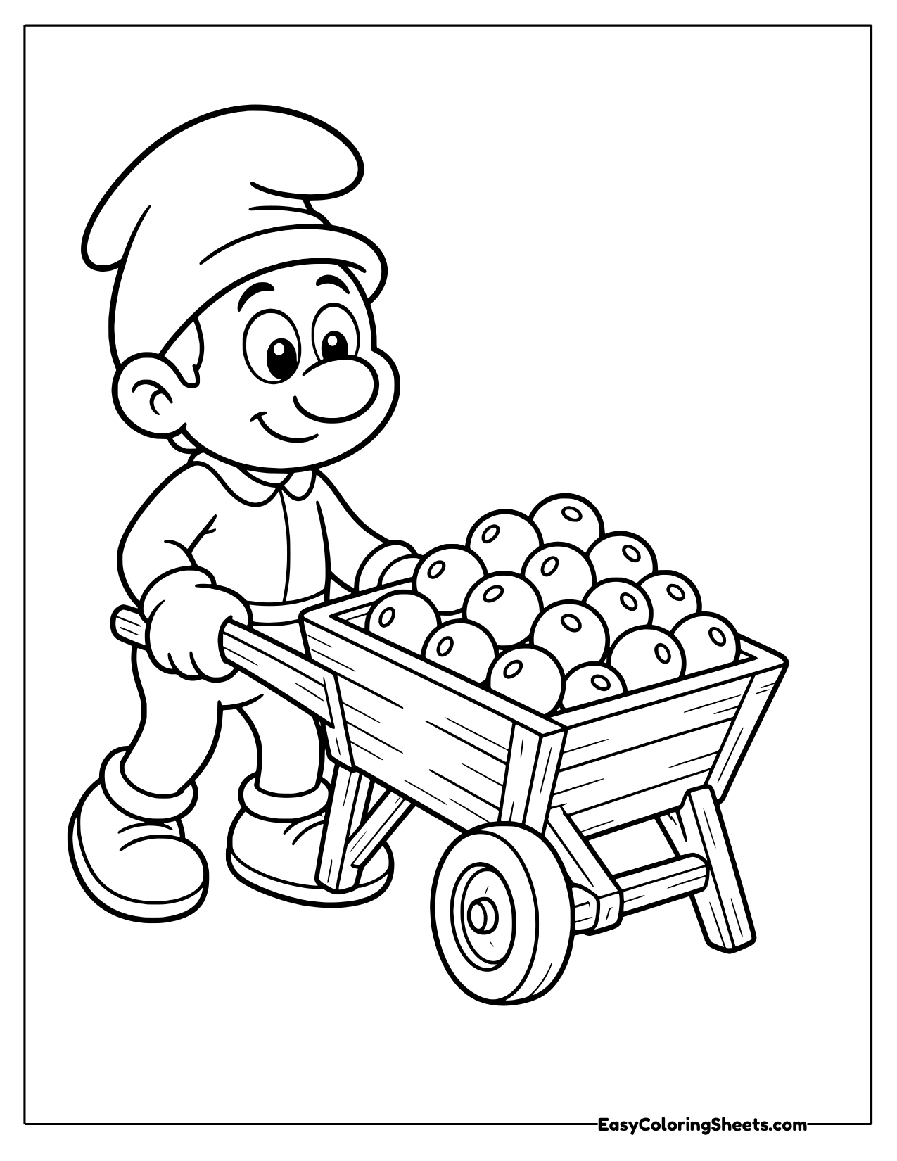 A Smurf pushing a wooden wheelbarrow full of round smurfberries