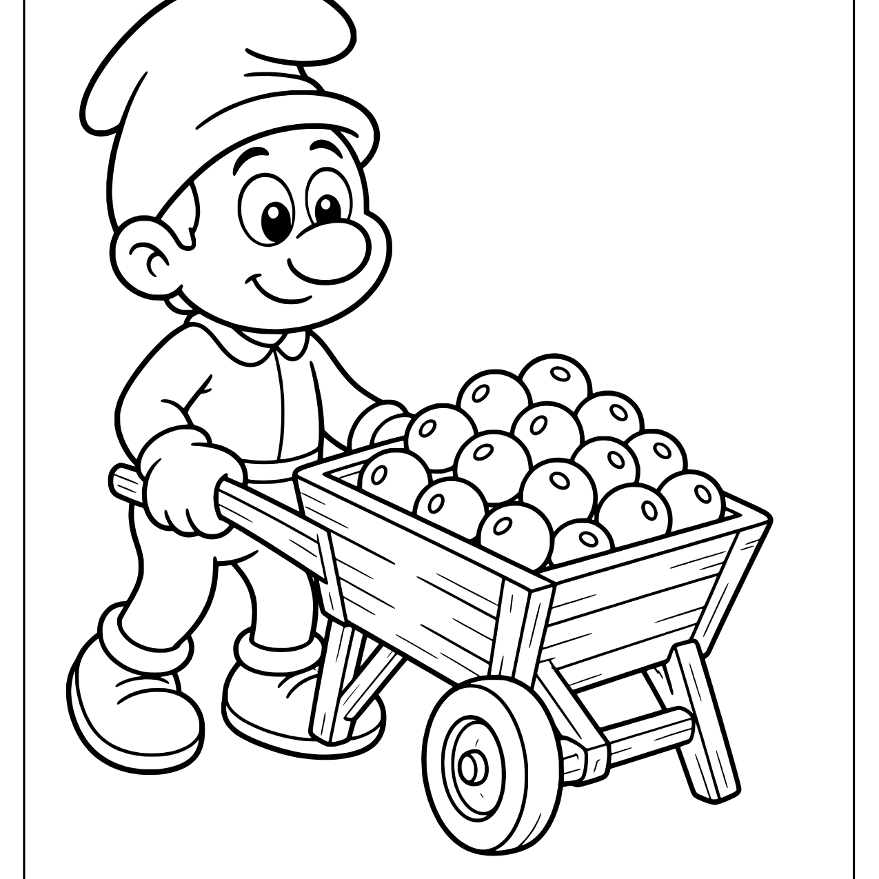 A Smurf pushing a wooden wheelbarrow full of round smurfberries