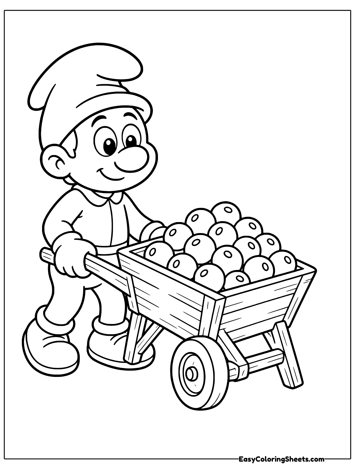 This hard working Smurf pushes a wooden wheelbarrow piled high with round smurfberries.