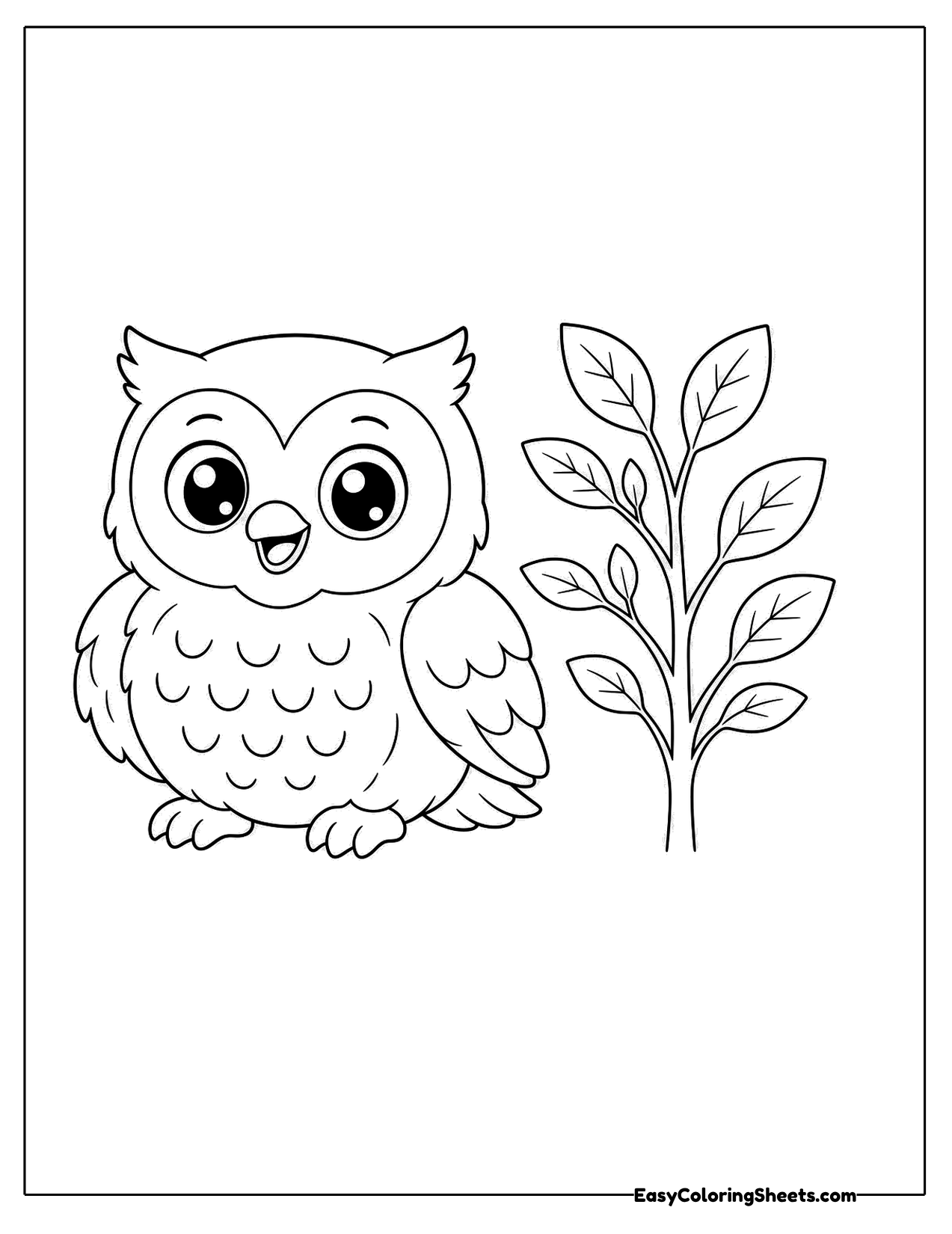 Owl sitting beside a leafy plant