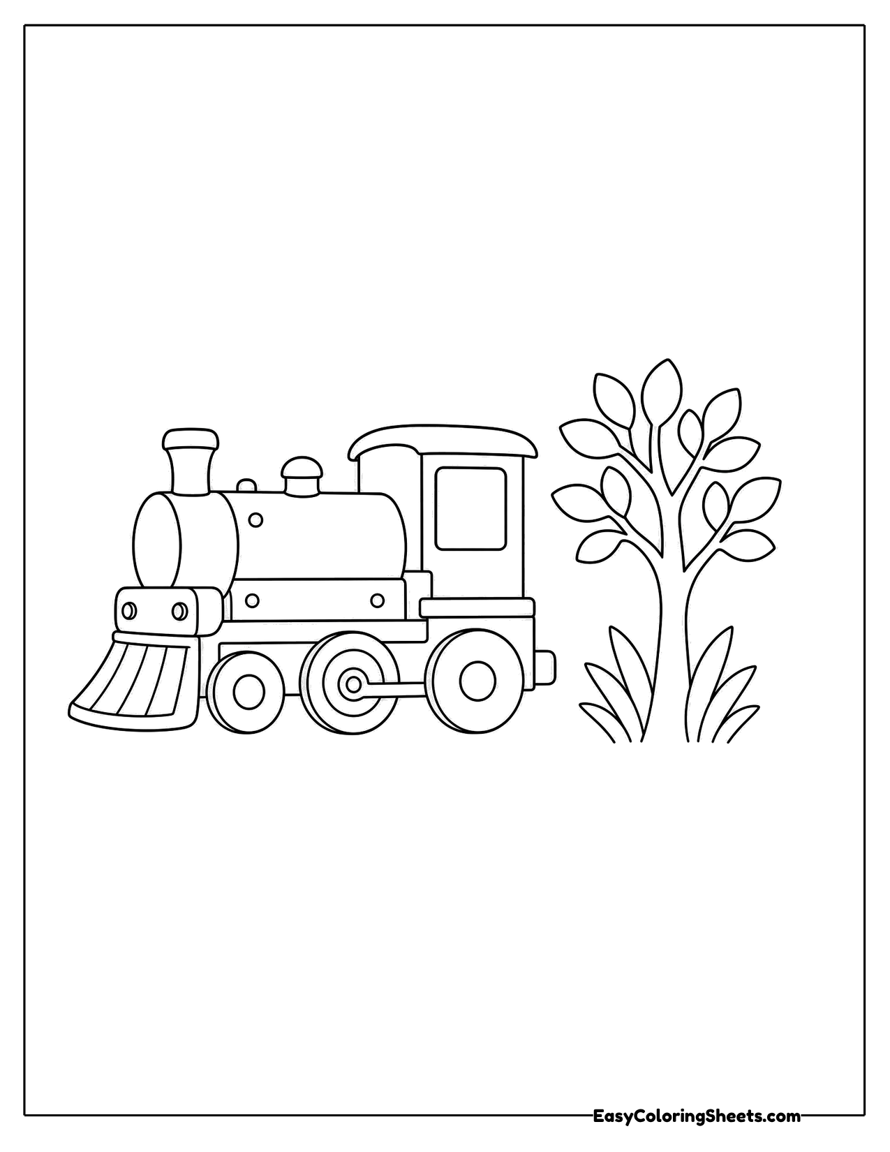 Small steam train next to a leafy tree
