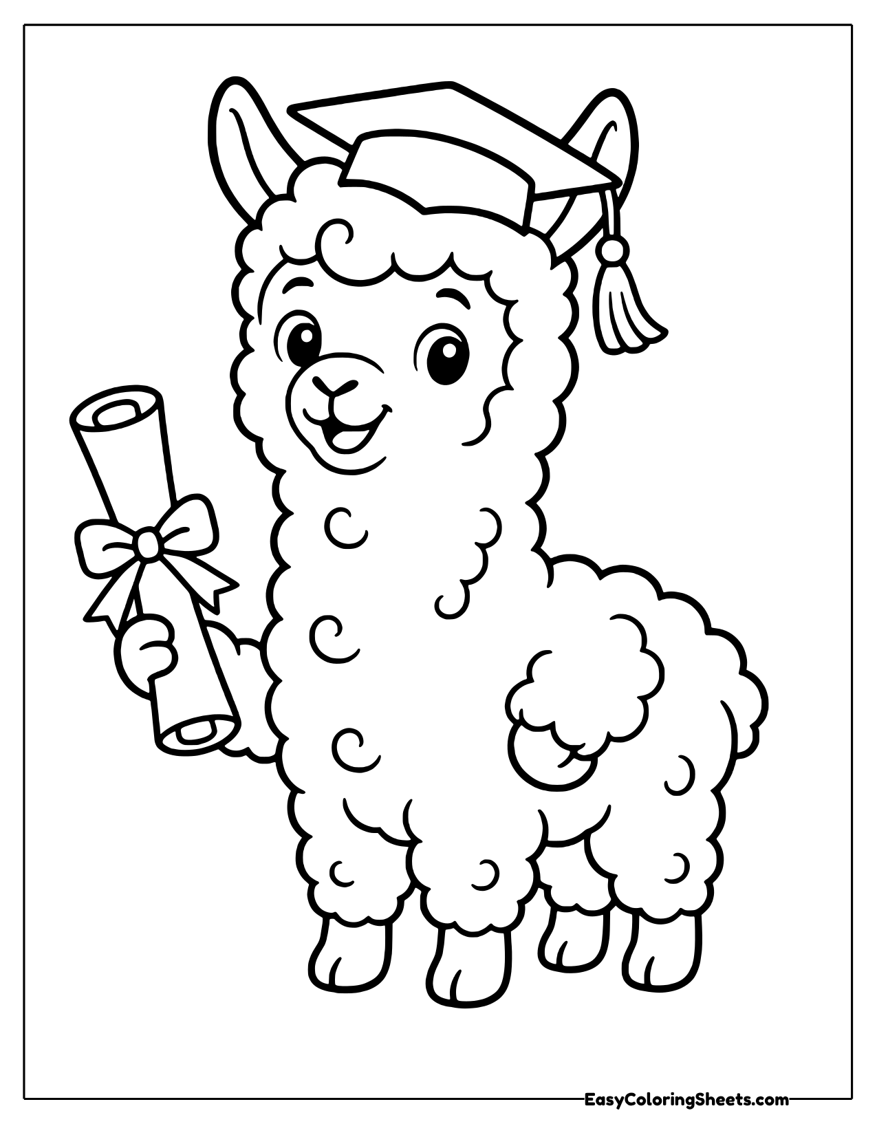 Alpaca in a graduation cap holding a rolled diploma