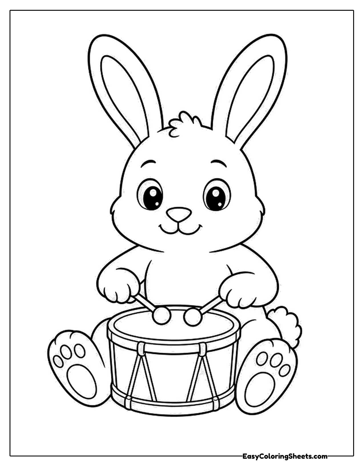 Bunny sitting and playing a small drum with drumsticks