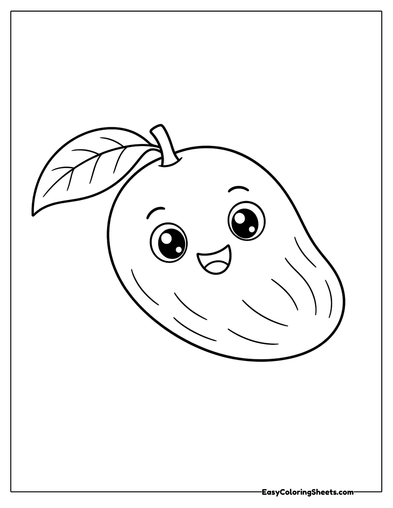 Smiling mango character with a leaf close up