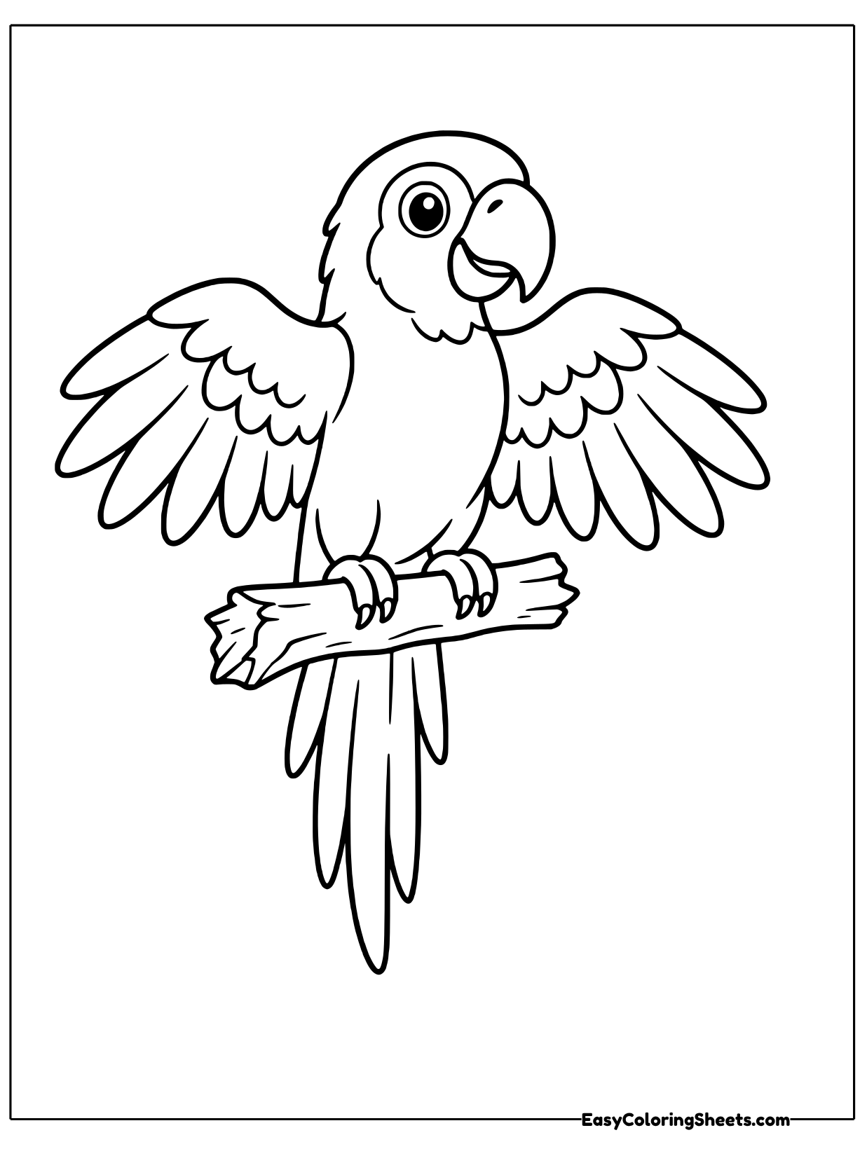 A macaw perches on a slanted branch and opens its wings halfway as if about to take off.