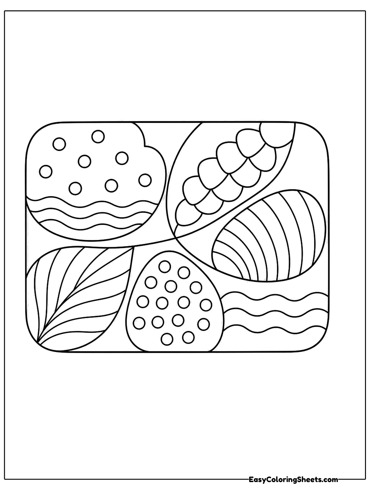 A rounded rectangle is split into five sections, each filled with a simple repeating pattern like waves, dots.