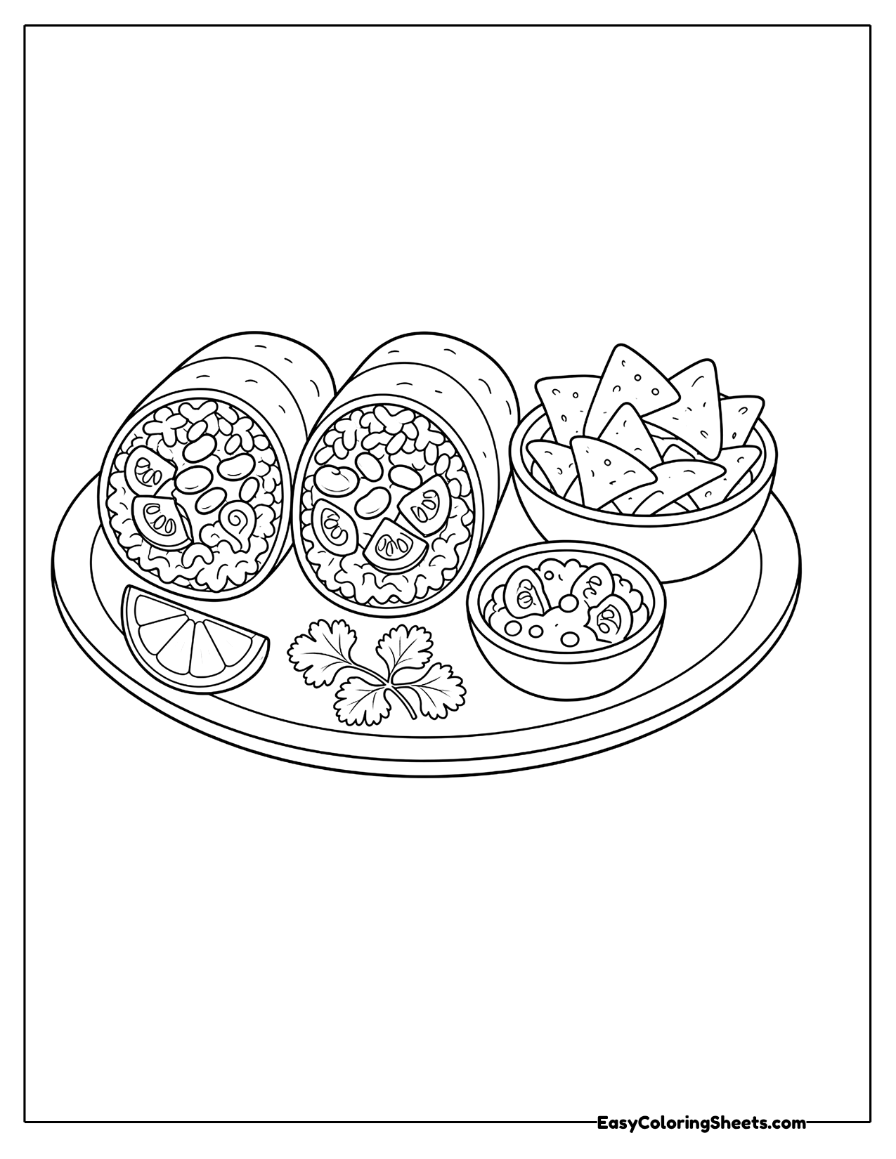 Plate of burritos with tortilla chips and a bowl of salsa