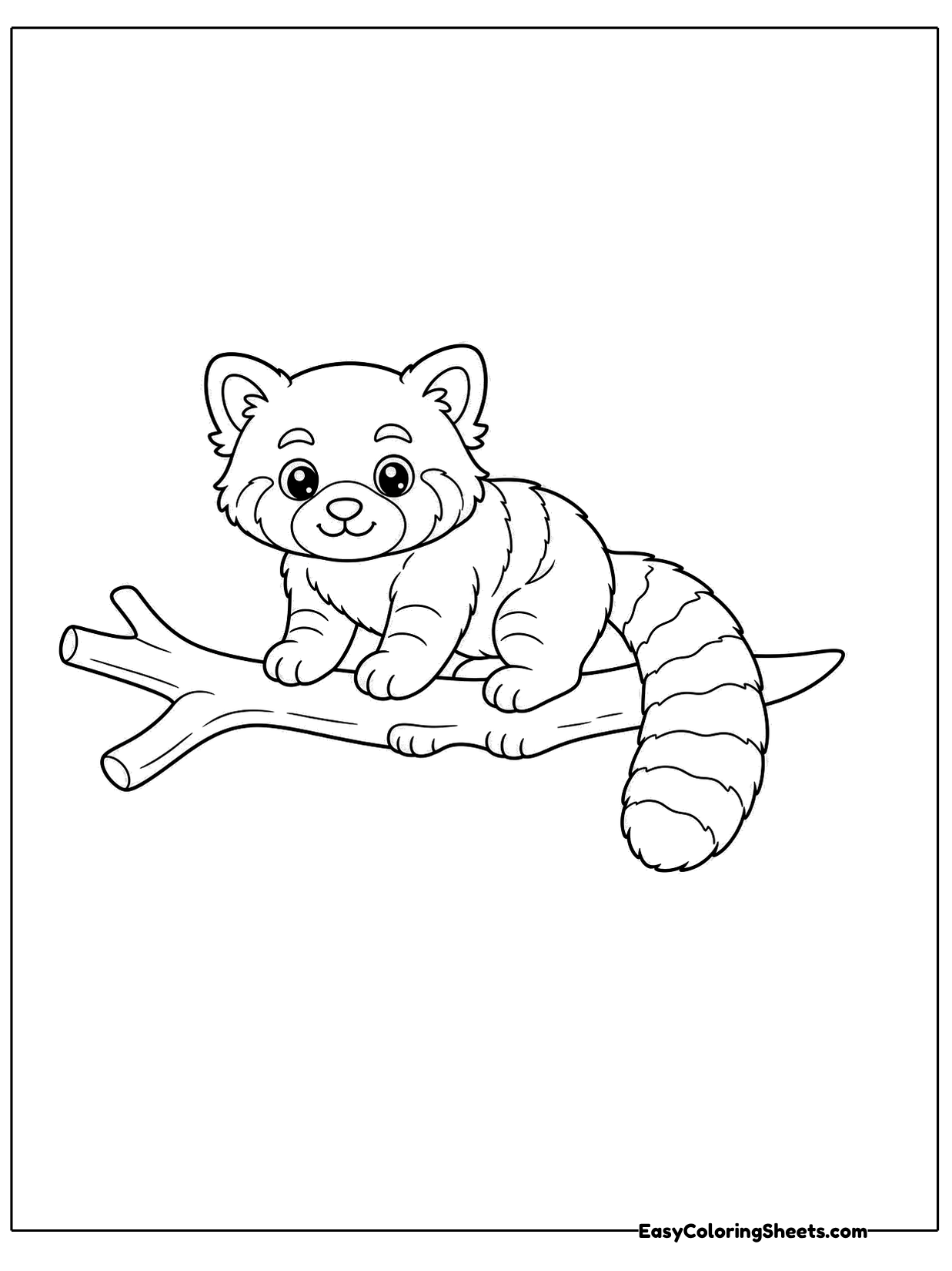 A red panda lies stretched out along a tree branch with its tail dangling over the side.