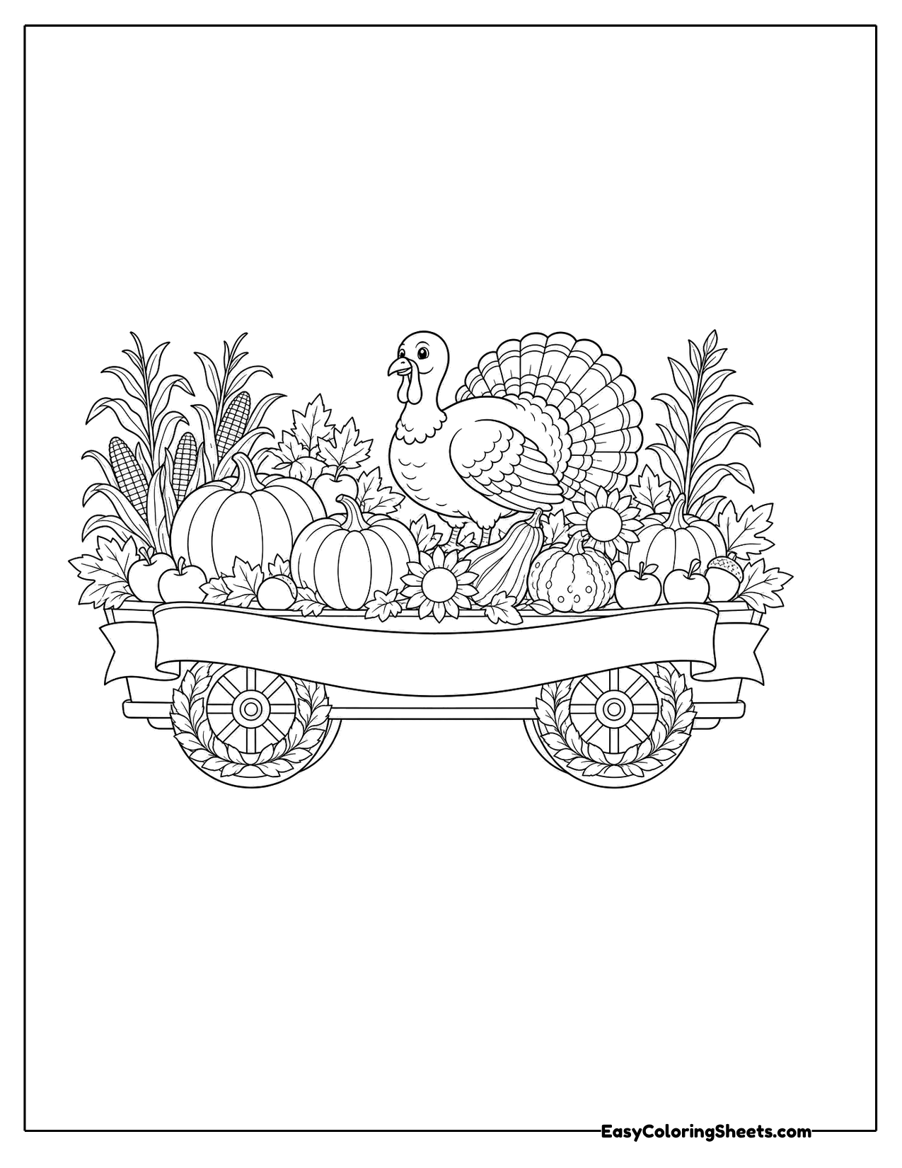 Harvest parade float decorated with a turkey, pumpkins and corn