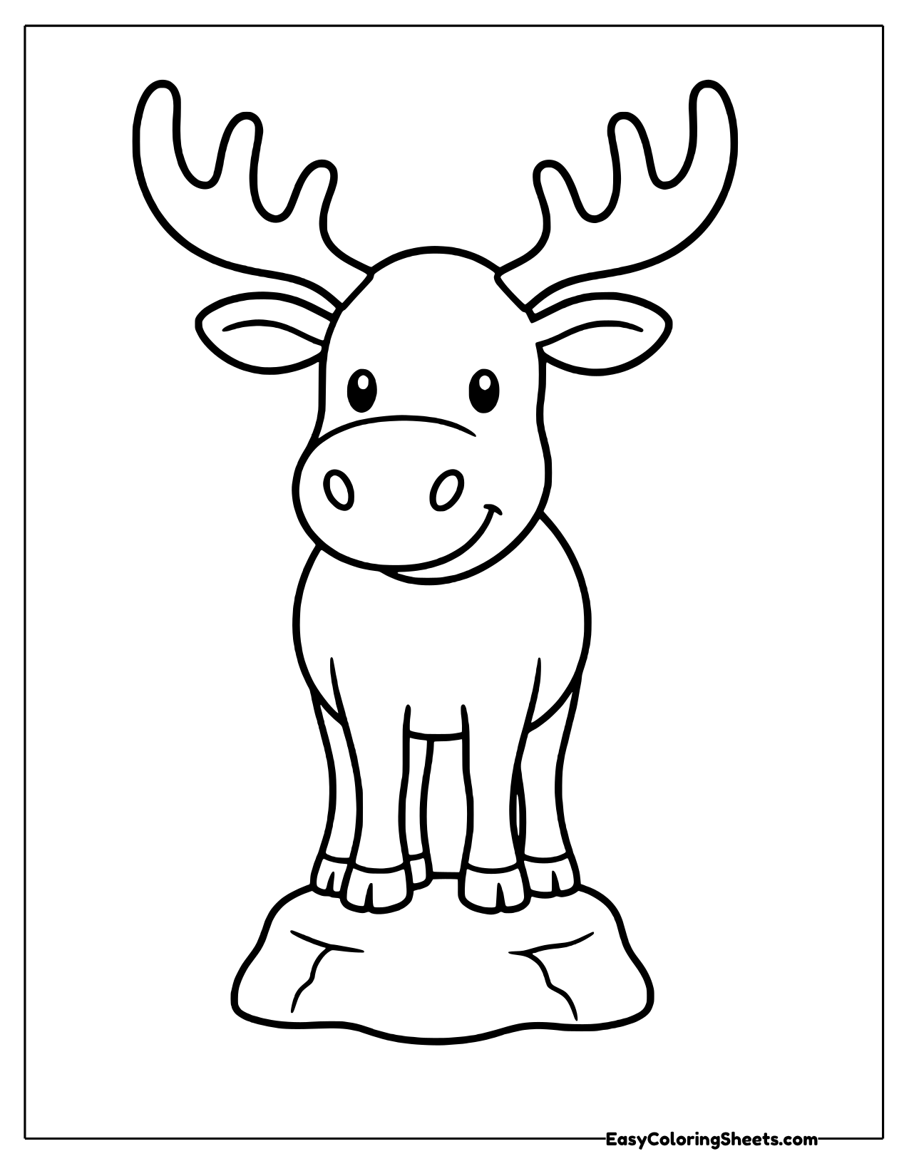 A moose stands squarely on a low rock with its front legs together and antlers spread wide.