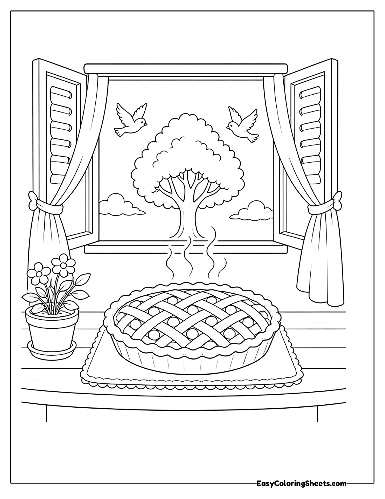 Pie cooling on a windowsill with curtains