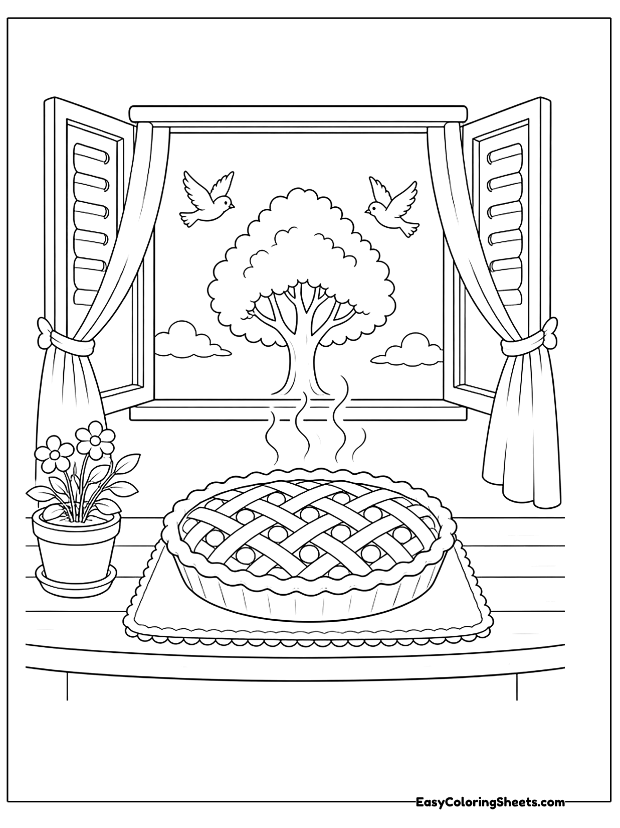A lattice topped pie rests on a window ledge with open shutters, curtains and a potted plant nearby.