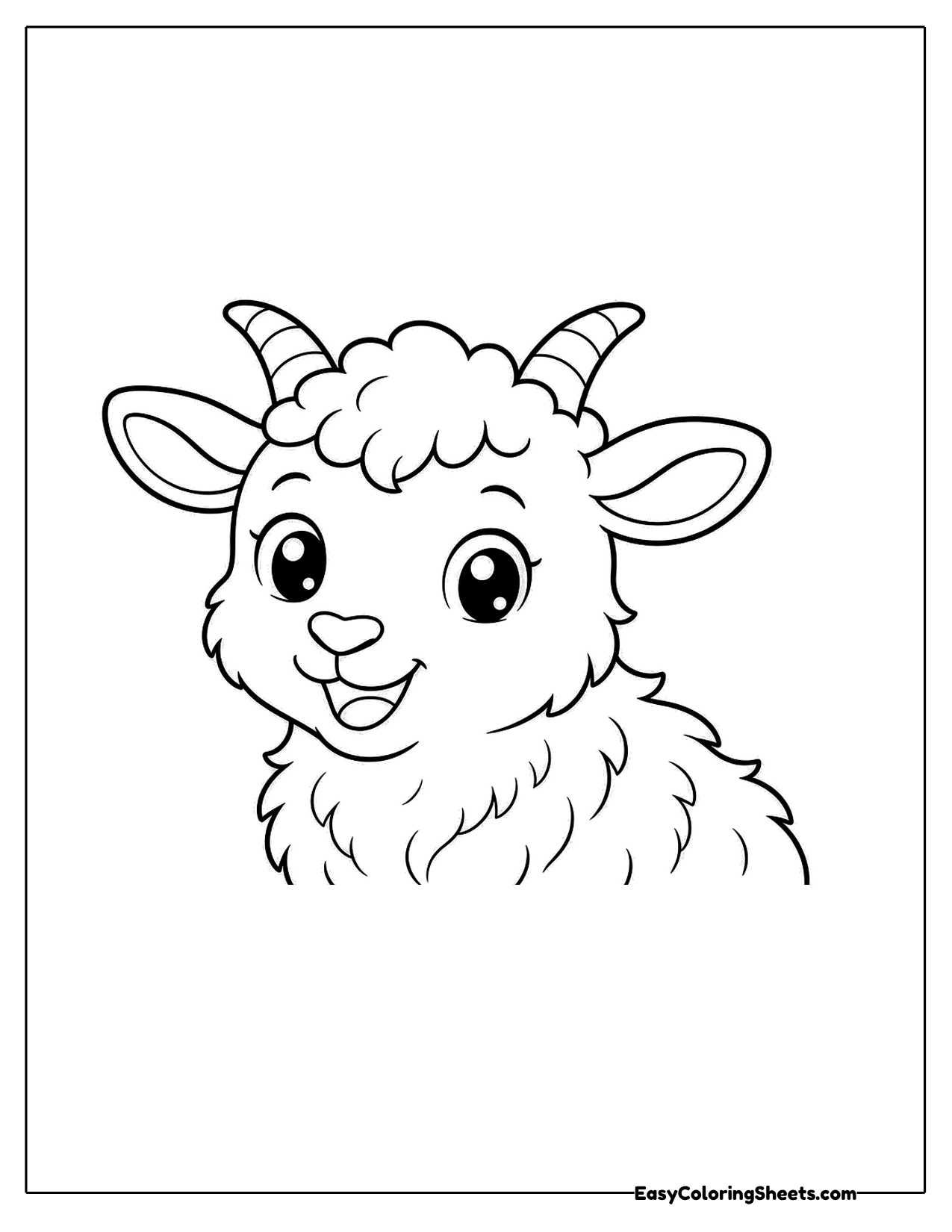 Close up portrait of a smiling goat with curved horns