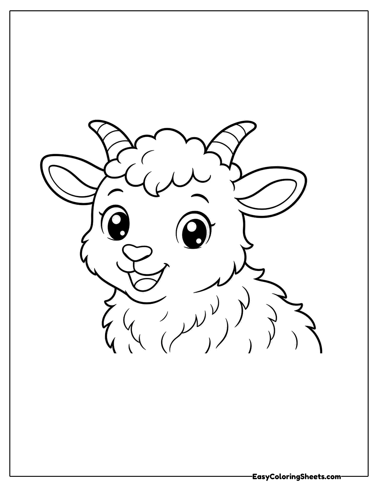 Close up portrait of a smiling goat with curved horns