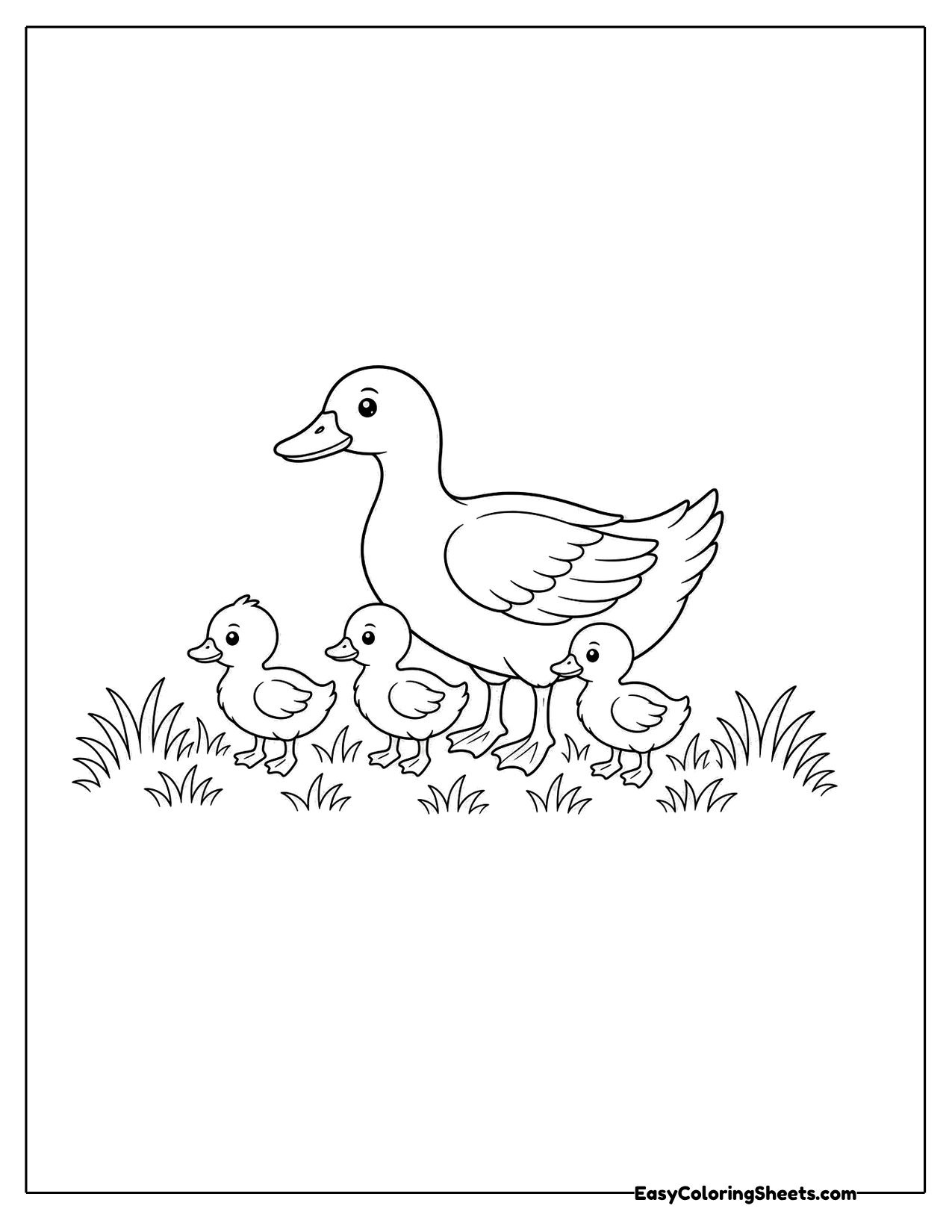 Duck family walking in the grass