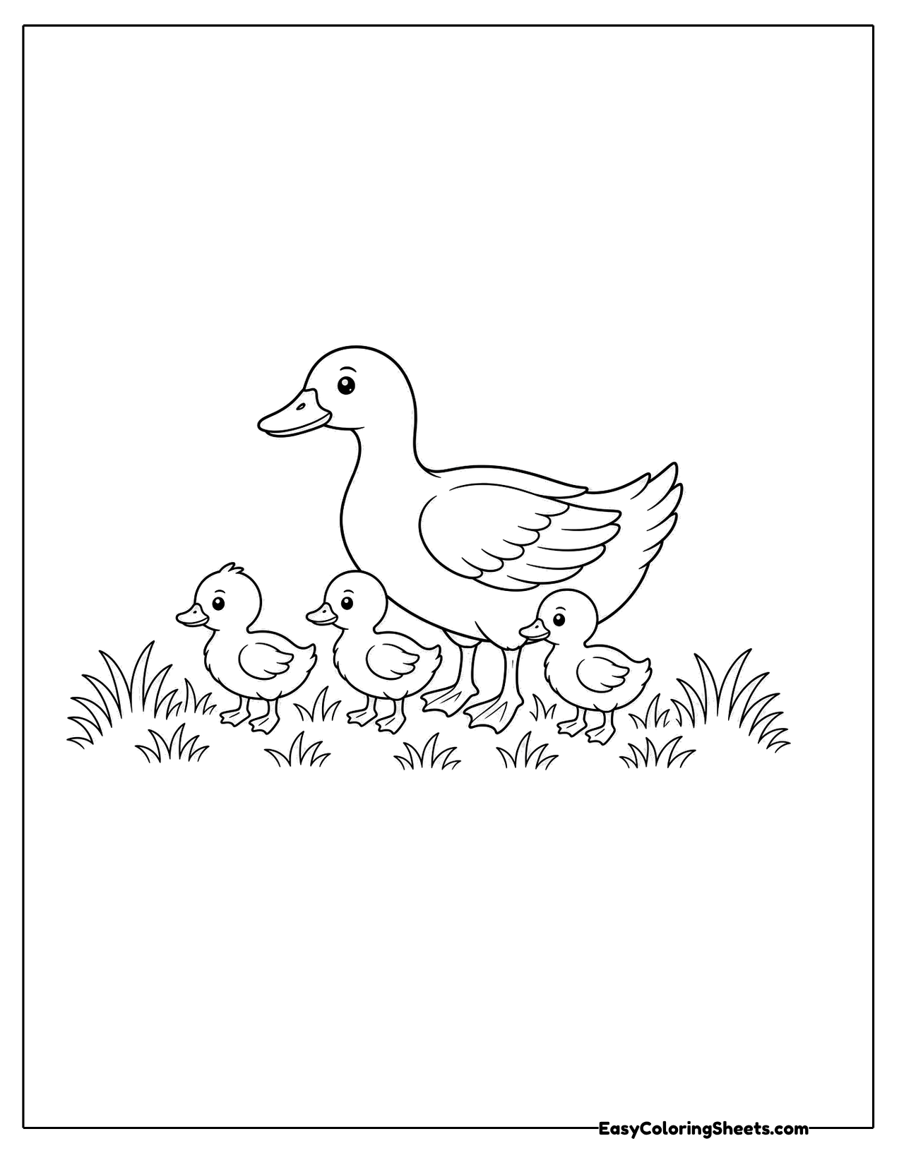 Duck family walking in the grass