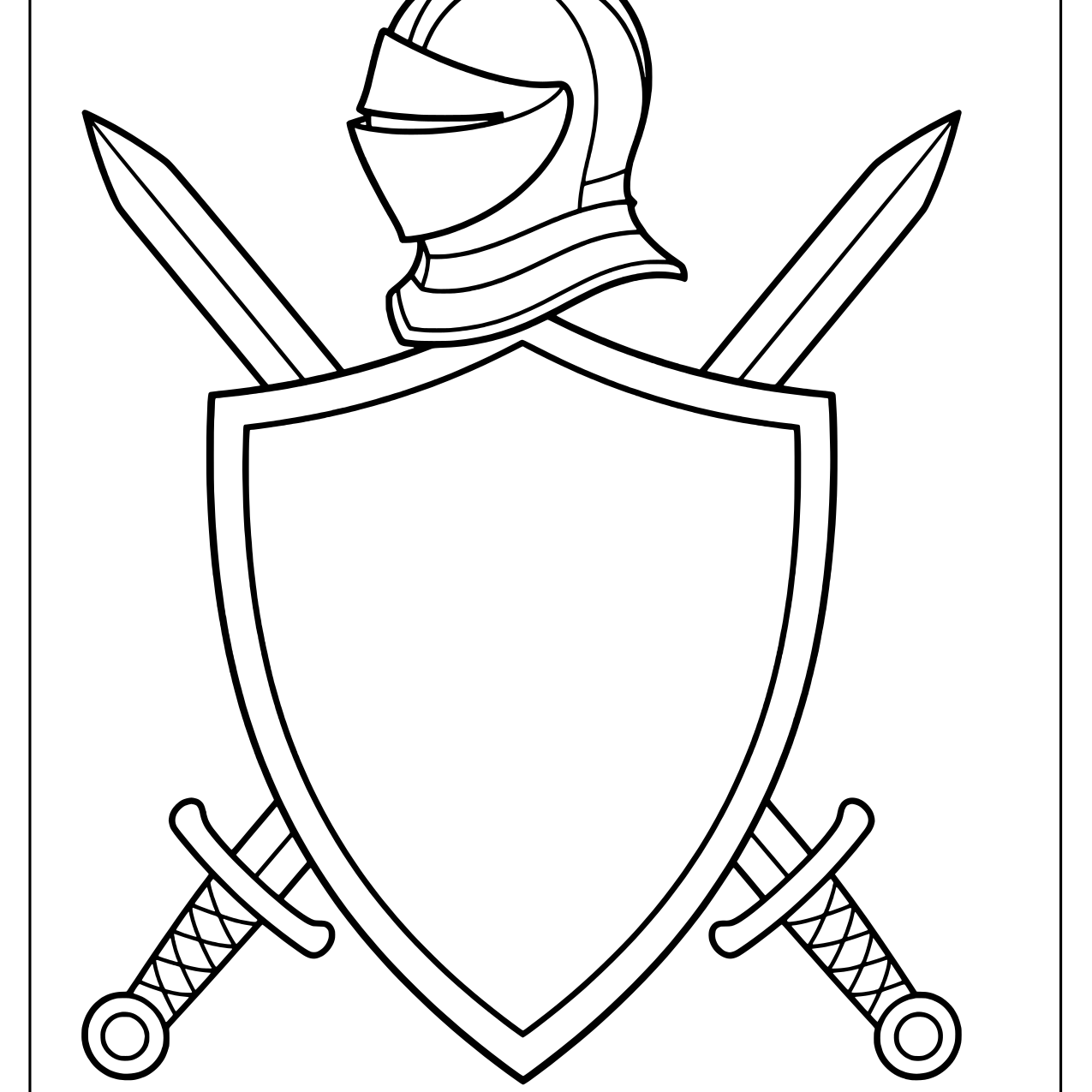 Knight helmet above a blank shield with two crossed swords