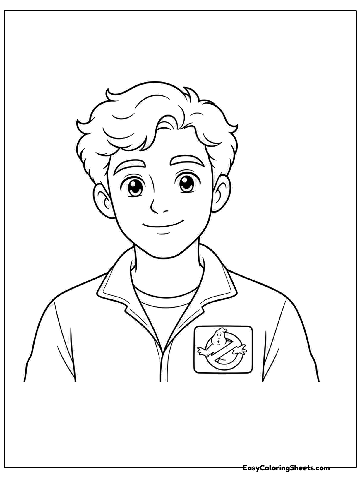 A young man with neatly styled hair wears a zip up work jumpsuit with a round badge patch on the chest.