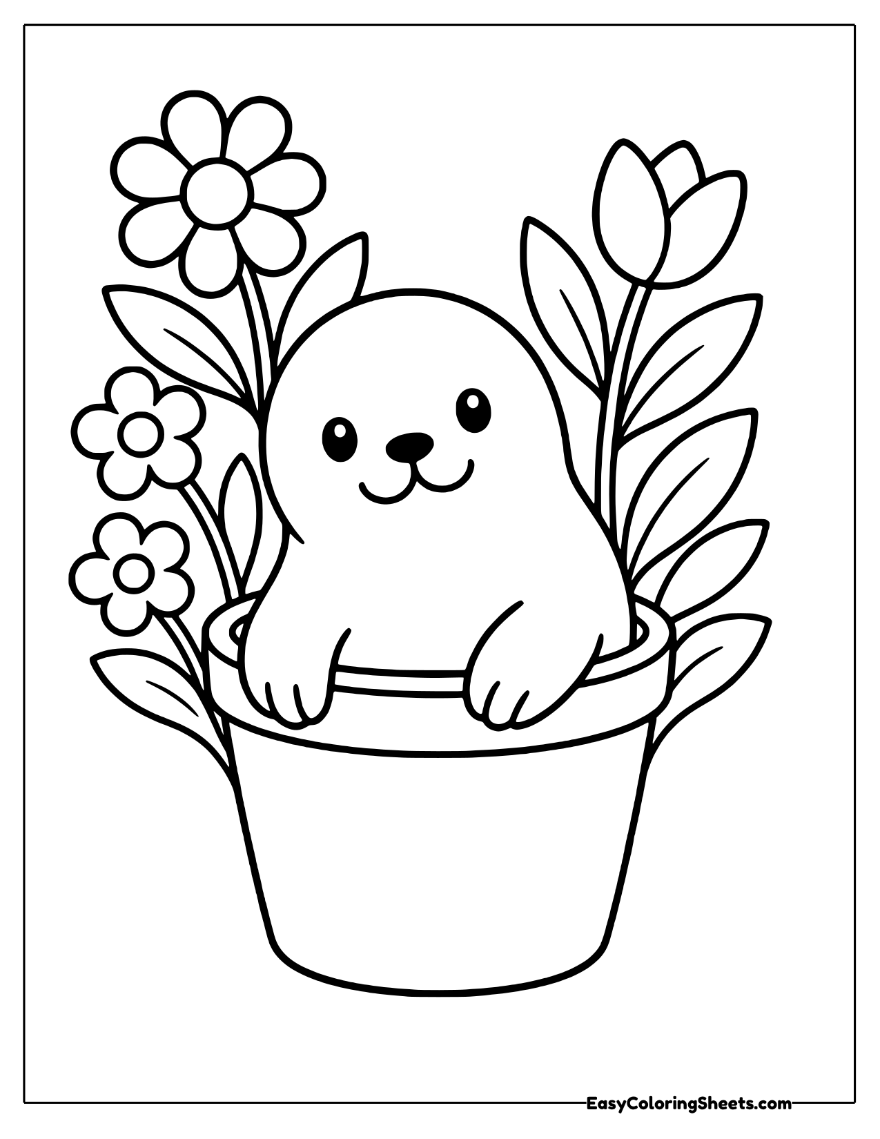 Seal sitting in a flower pot surrounded by blooms