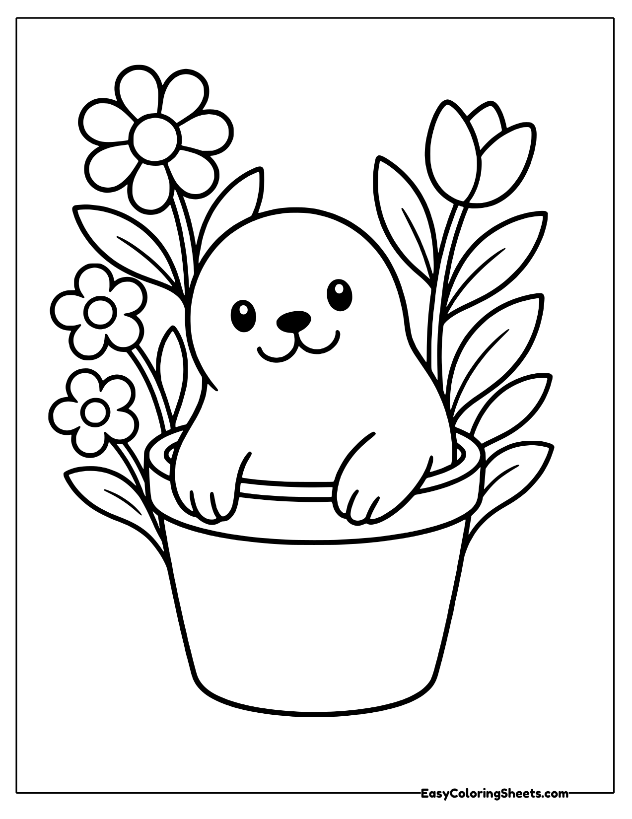 Seal sitting in a flower pot surrounded by blooms