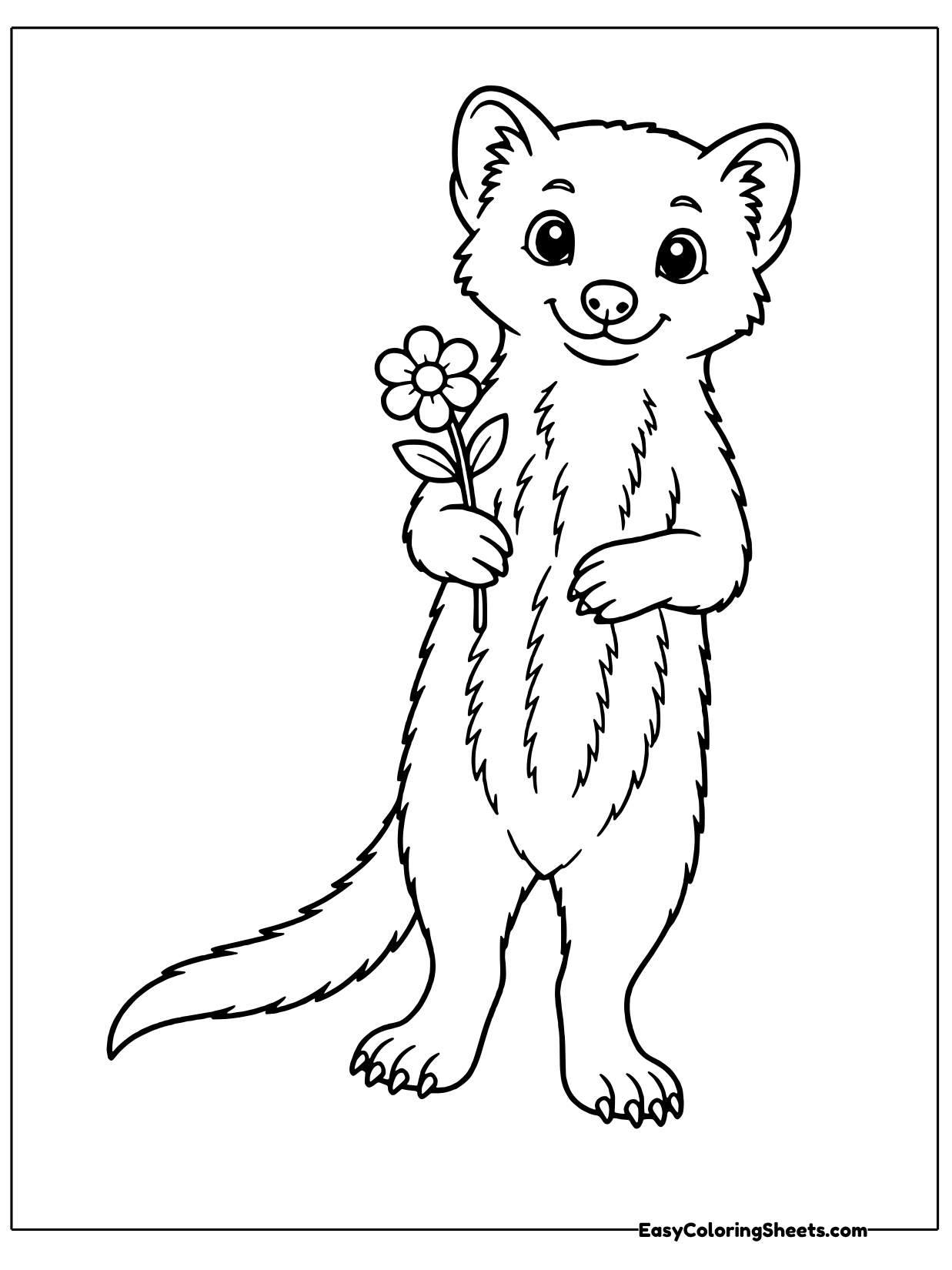 A slender mongoose stands upright facing forward and holds a small flower on a thin stem.