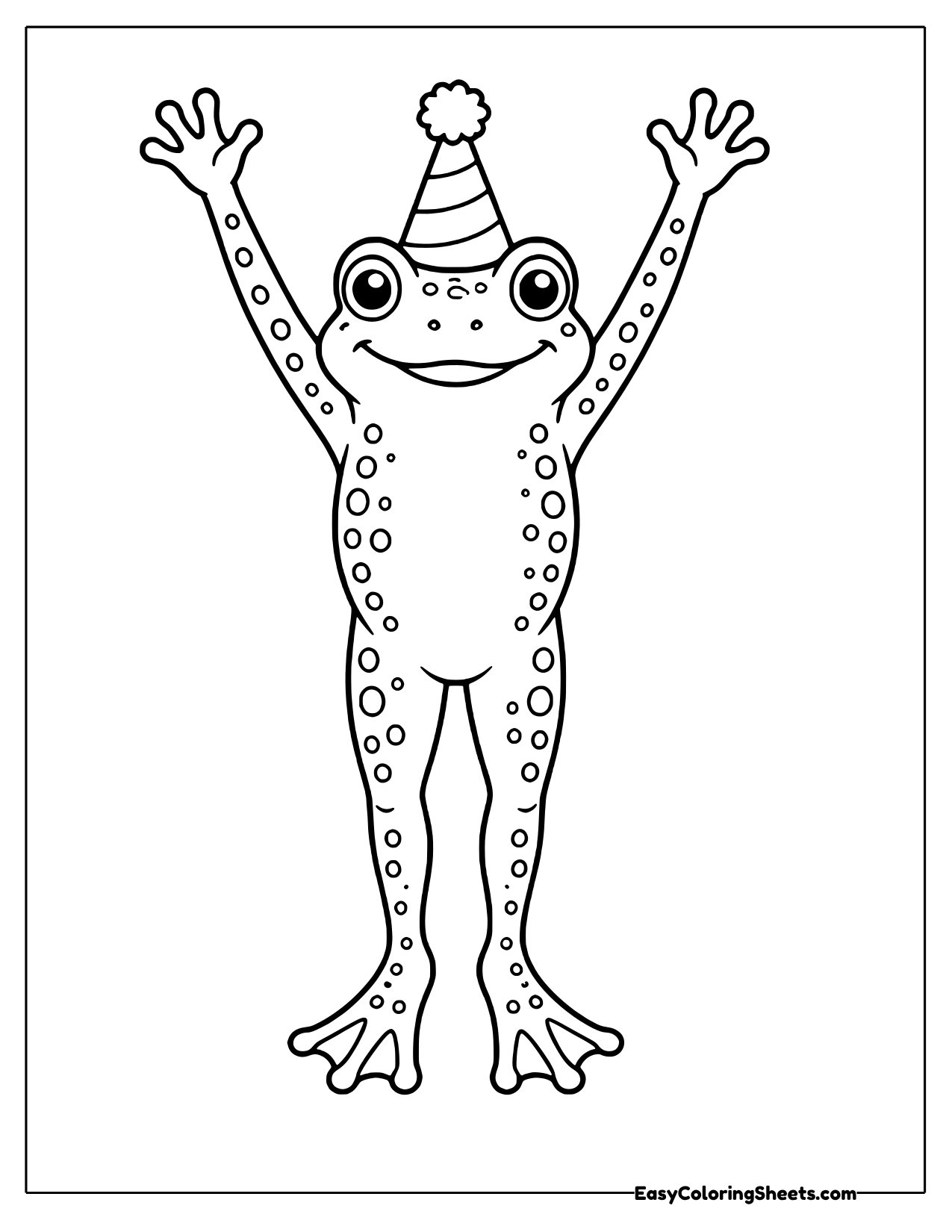 Cheerful bumpy toad cheering with arms up in a party hat