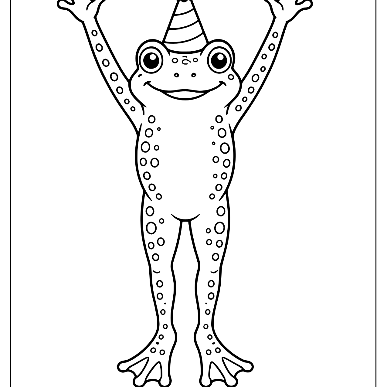 Cheerful bumpy toad cheering with arms up in a party hat