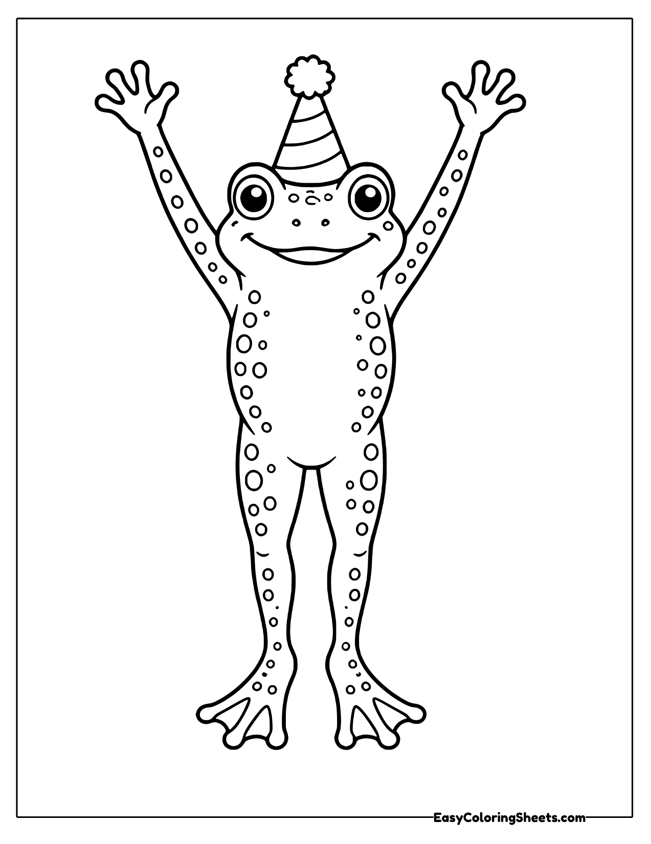 Cheerful bumpy toad cheering with arms up in a party hat