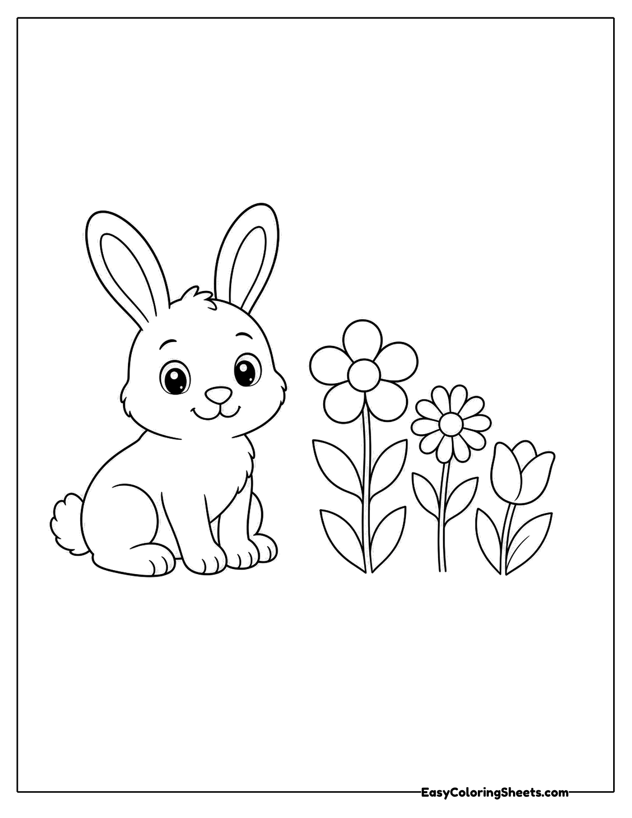 Bunny sitting beside three simple flowers