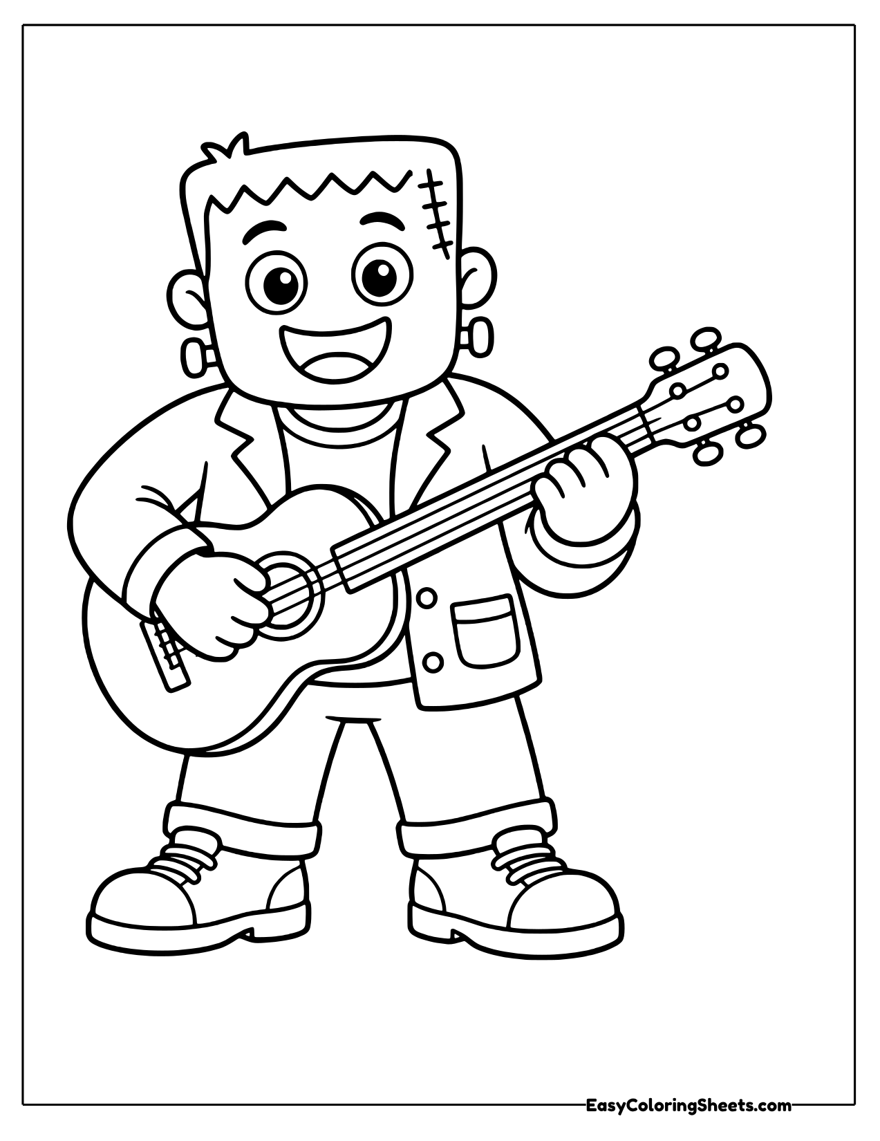 Monster strumming an acoustic guitar with a big grin