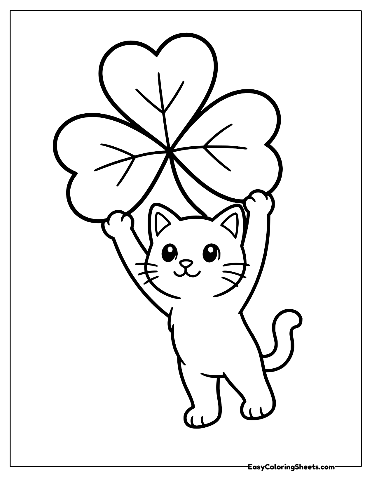 A playful kitten stretches up on its back legs to lift a giant three leaf shamrock high over its head.