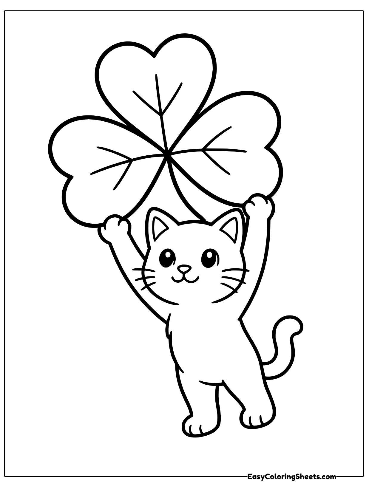 A playful kitten stretches up on its back legs to lift a giant three leaf shamrock high over its head.