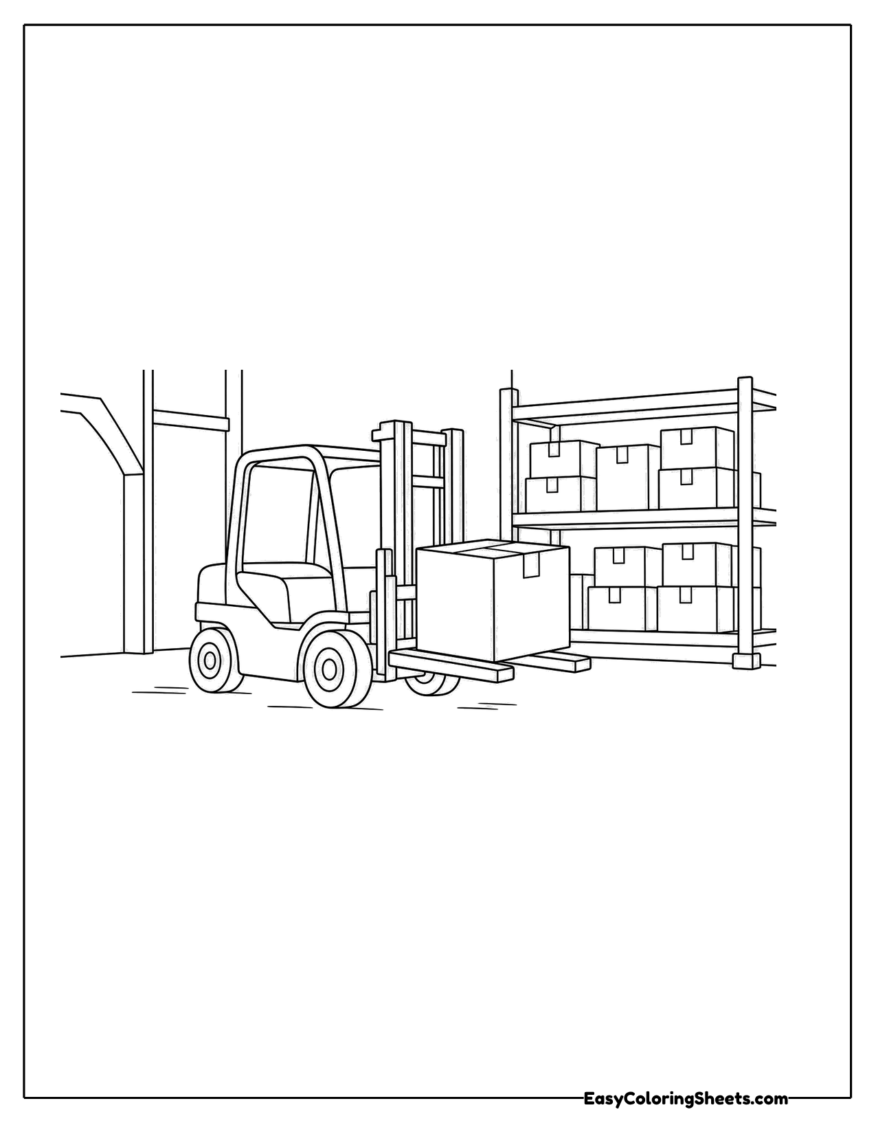 Forklift moving a box in a warehouse aisle beside shelves