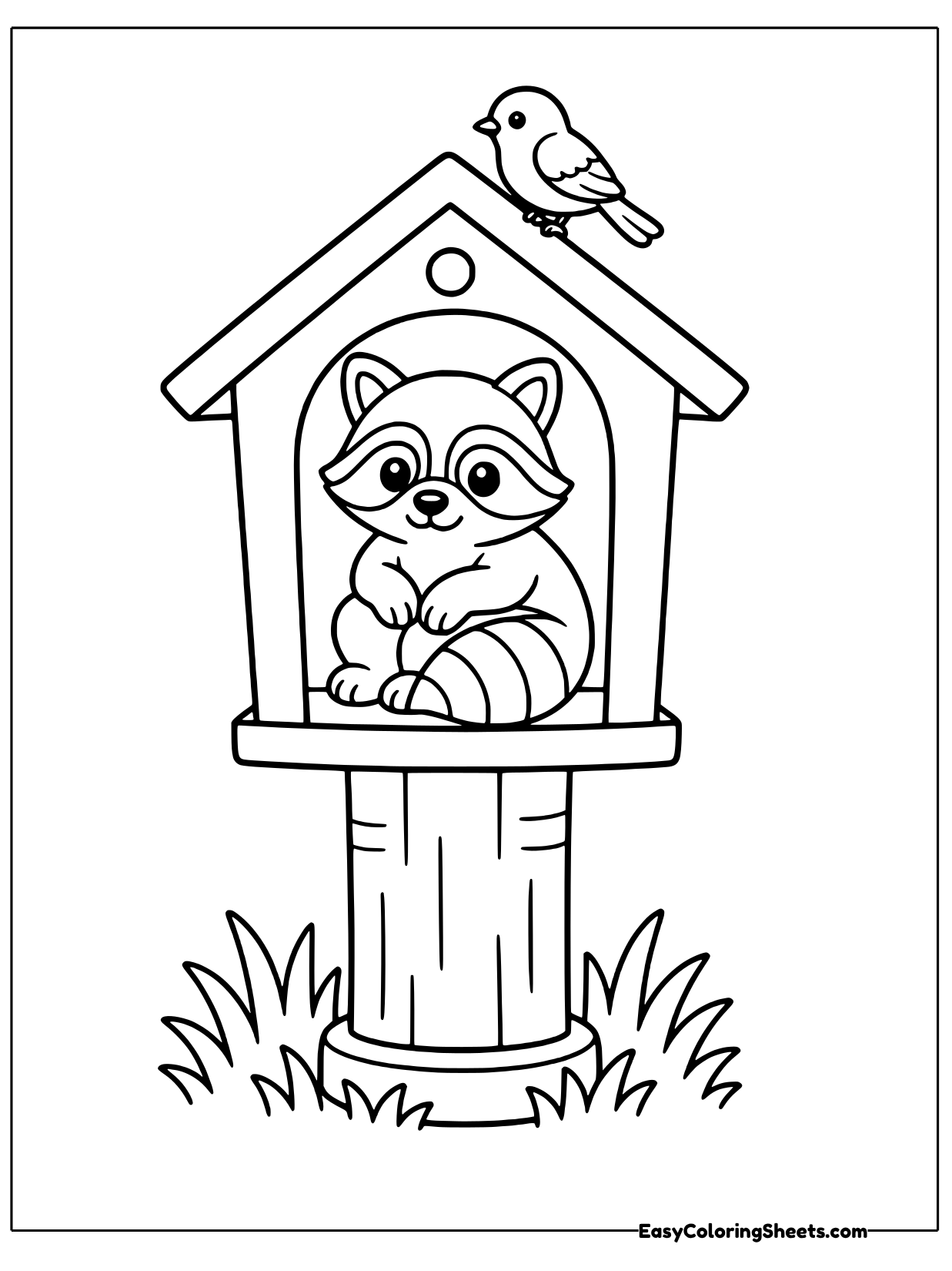 A raccoon squeezes into a birdhouse on a post while a little bird sits on the roof.