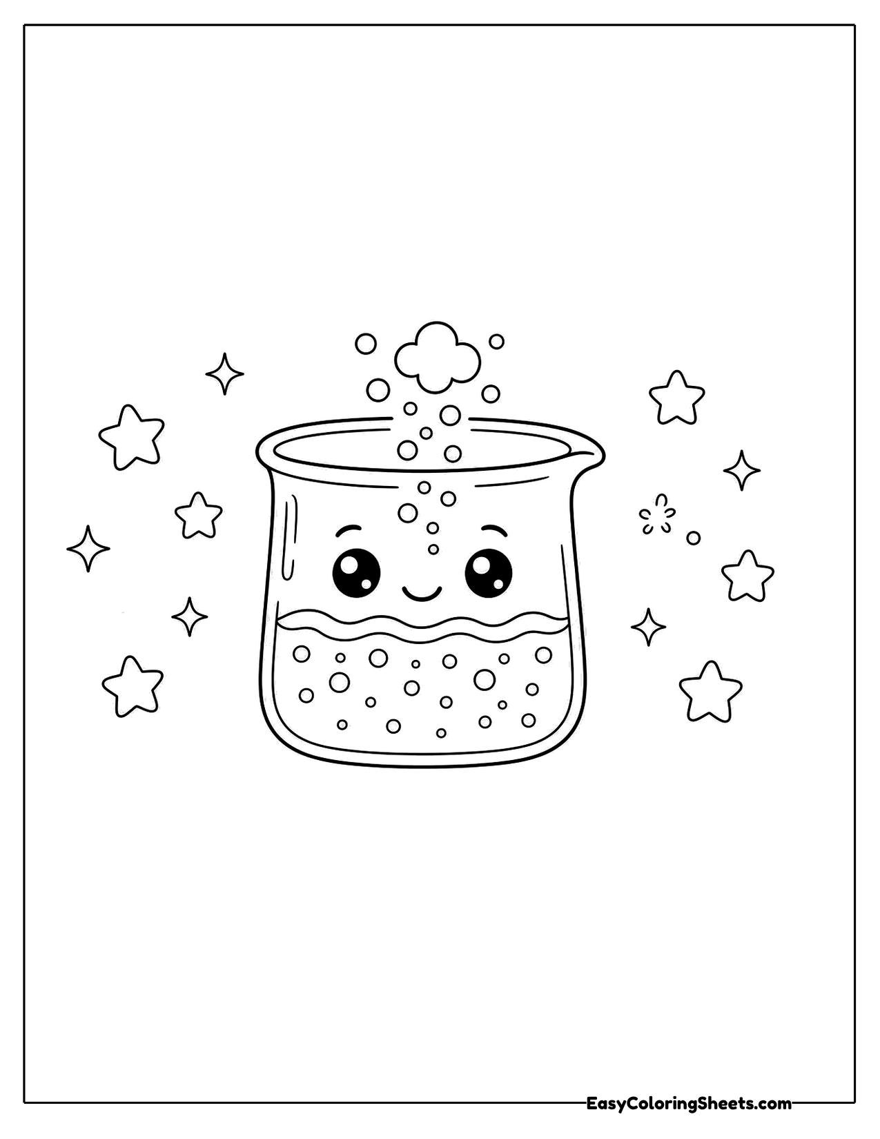 Smiling beaker character with bubbles and stars around it