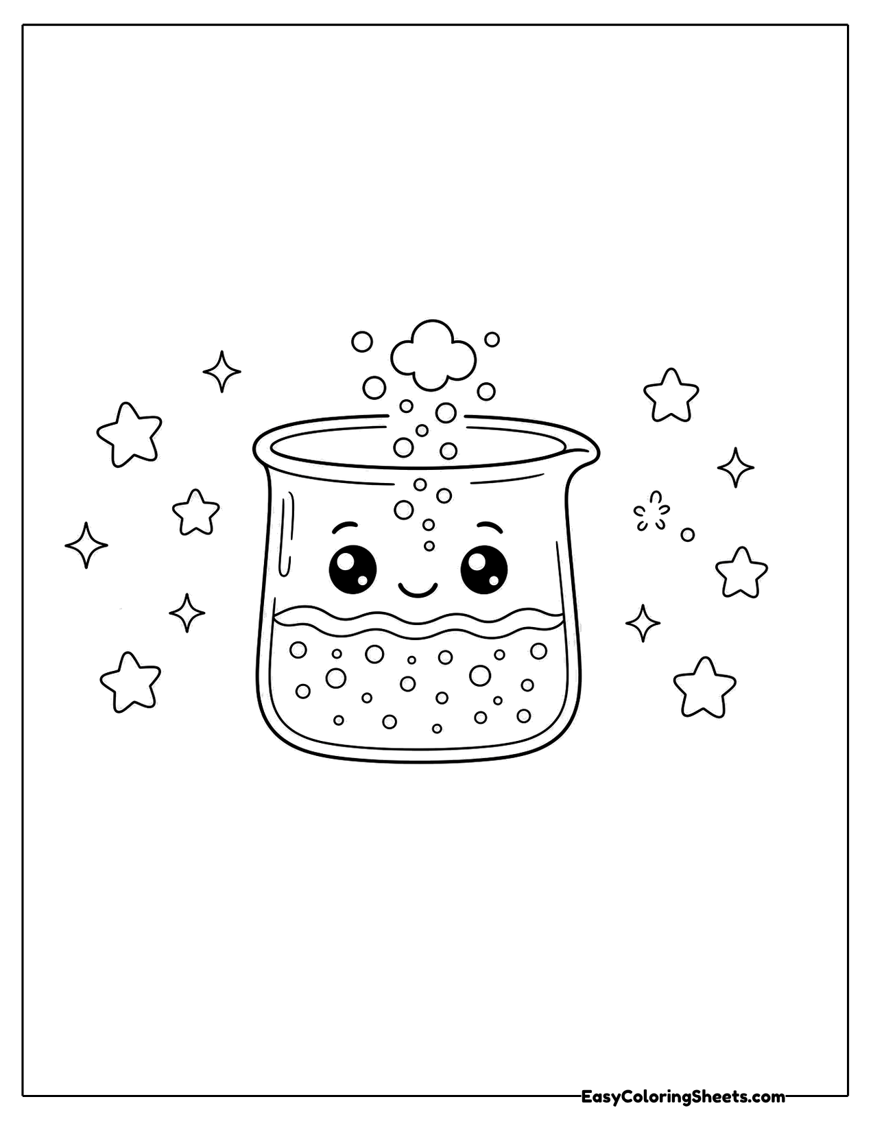 Smiling beaker character with bubbles and stars around it