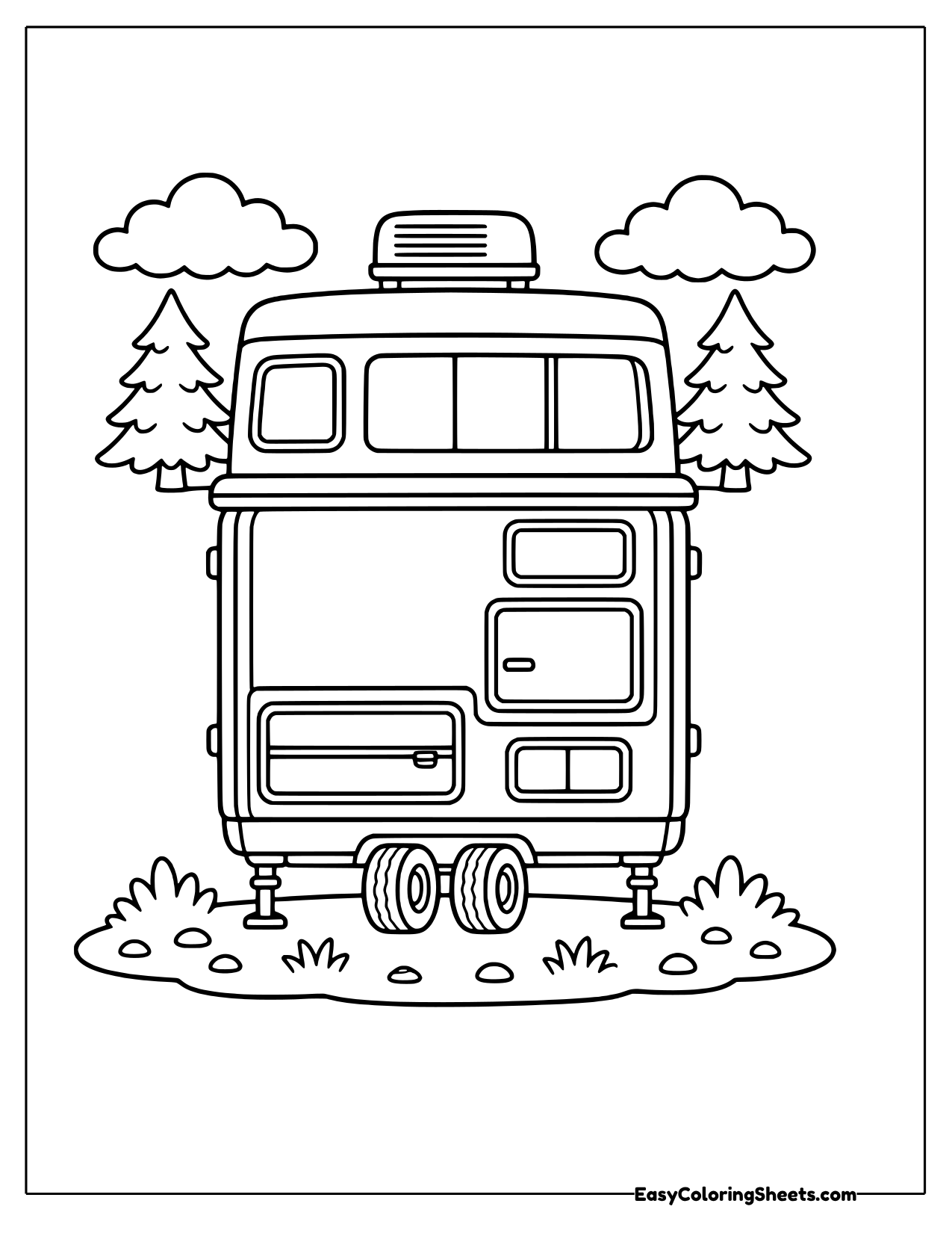 Fifth wheel camper trailer near pine trees