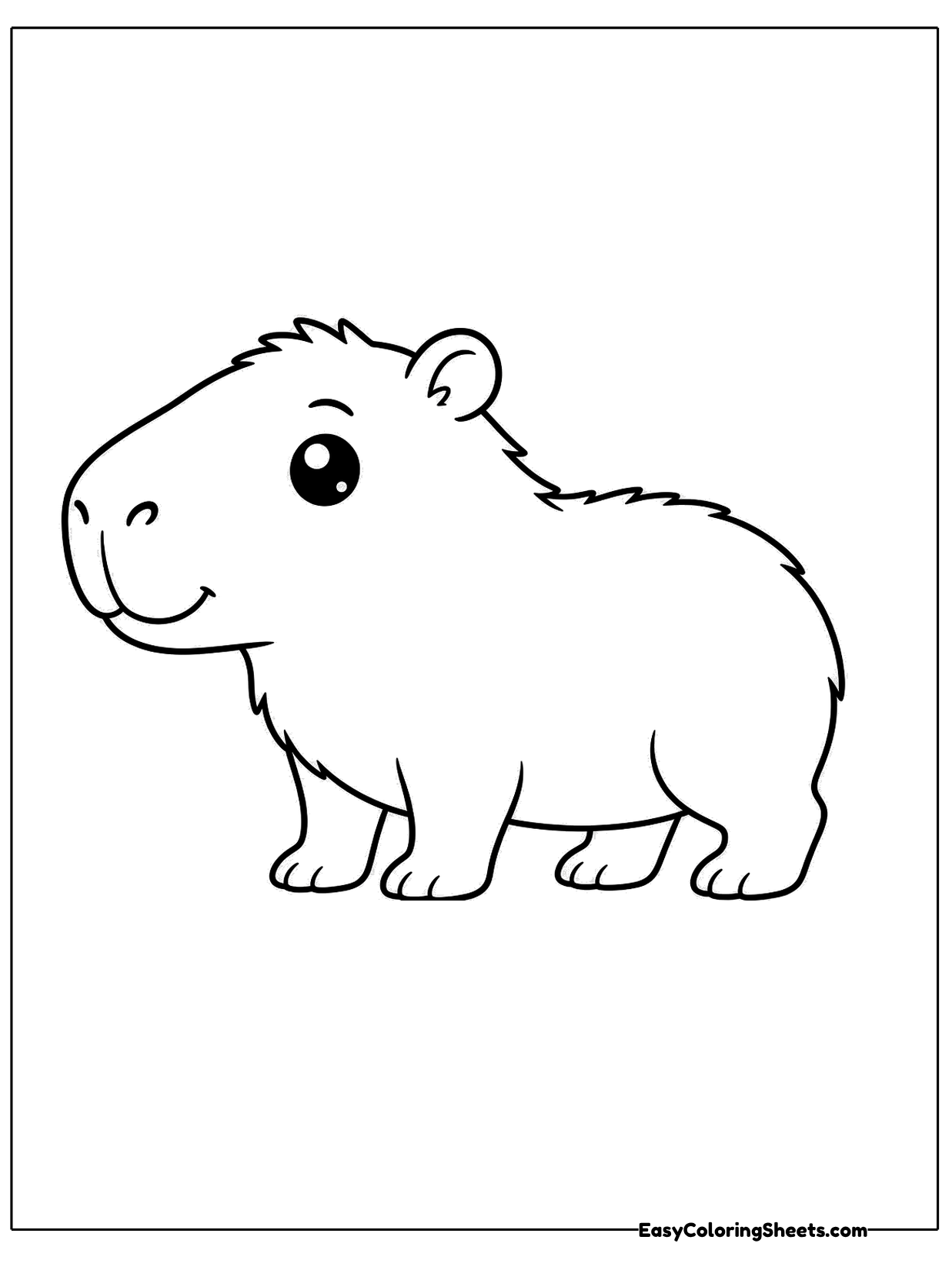 A capybara is drawn in side profile, showing its blunt square snout, small ears and barrel shaped body.